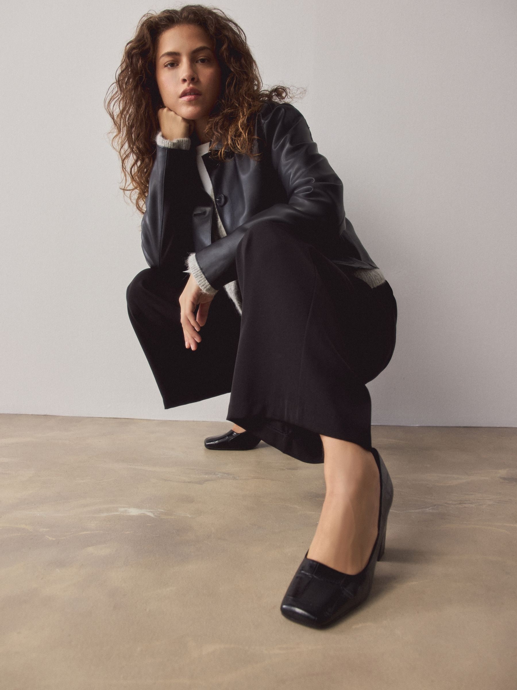 Black Croc Effect Forever Comfort® Square Toe Court Block Heels