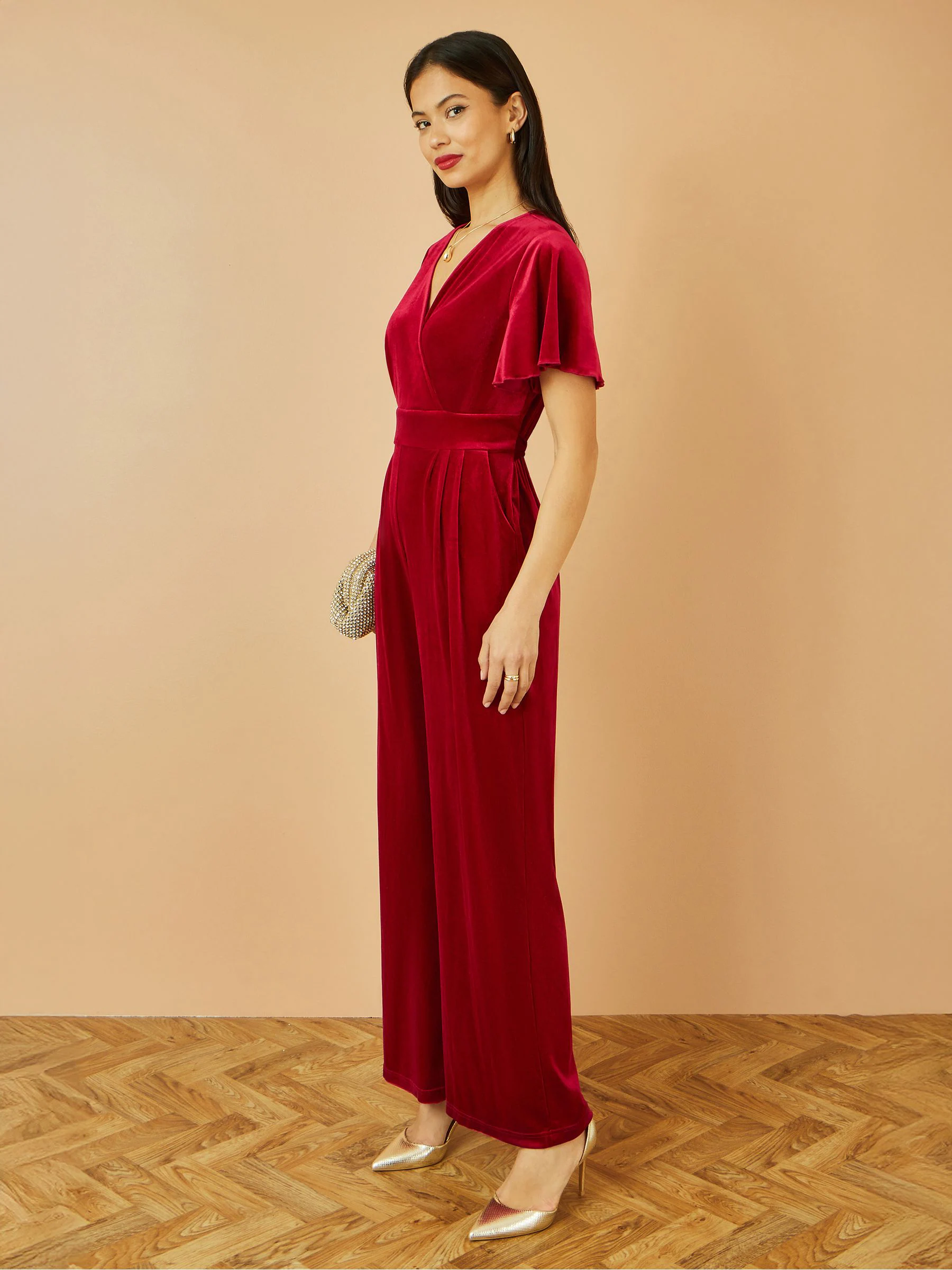Yumi Red Jumpsuit With Angel Sleeves
