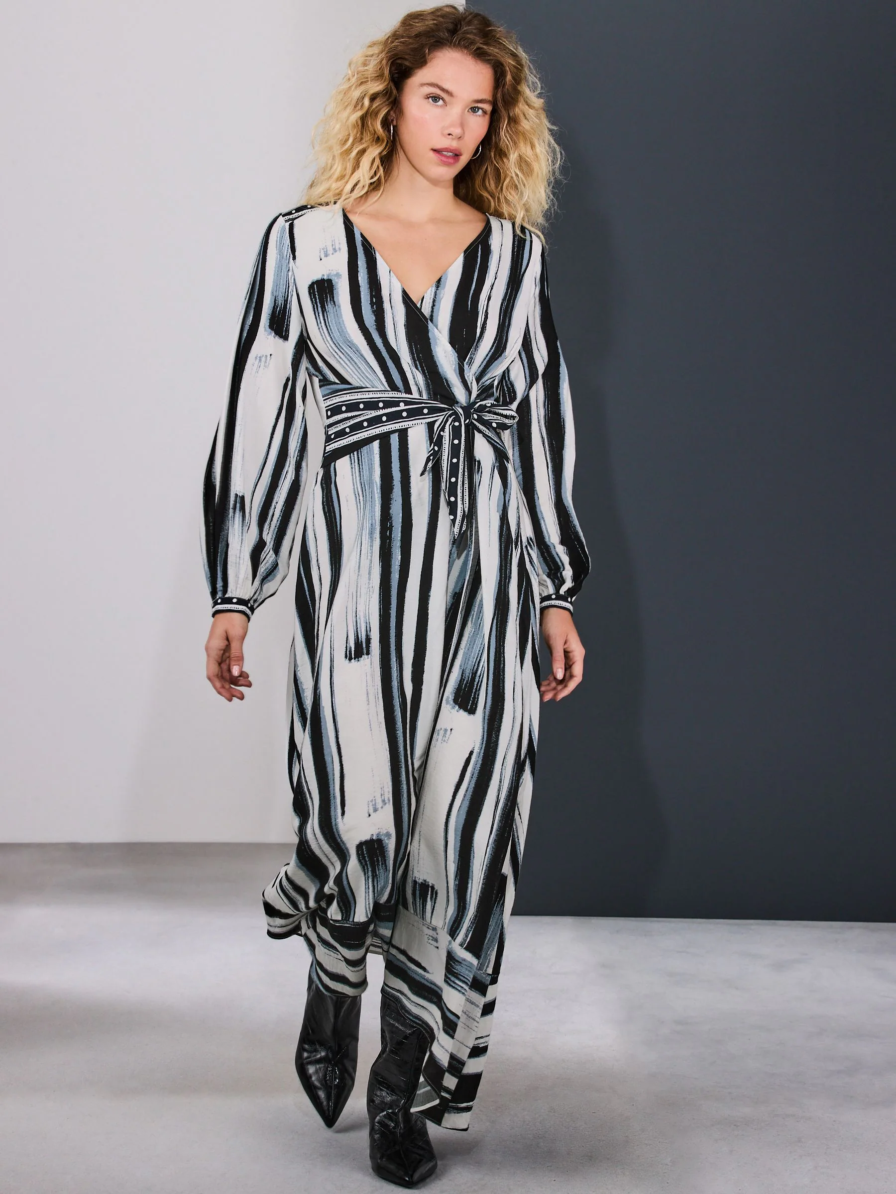 Navy and Ecru Stripe V-Neck Tie Waist Long Sleeve Midi Dress