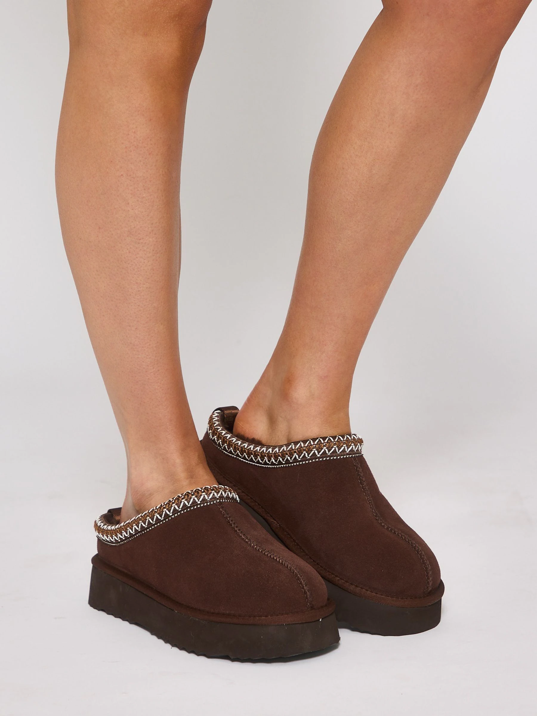Loungeable Brown Platform Real Sheepskin Lined Braided Mules