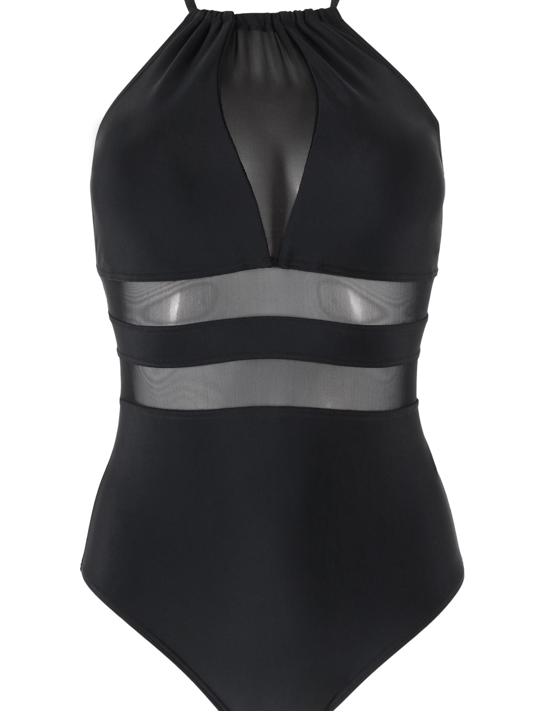 Pour Moi Black High Neck Mesh Insert Control Swimsuit