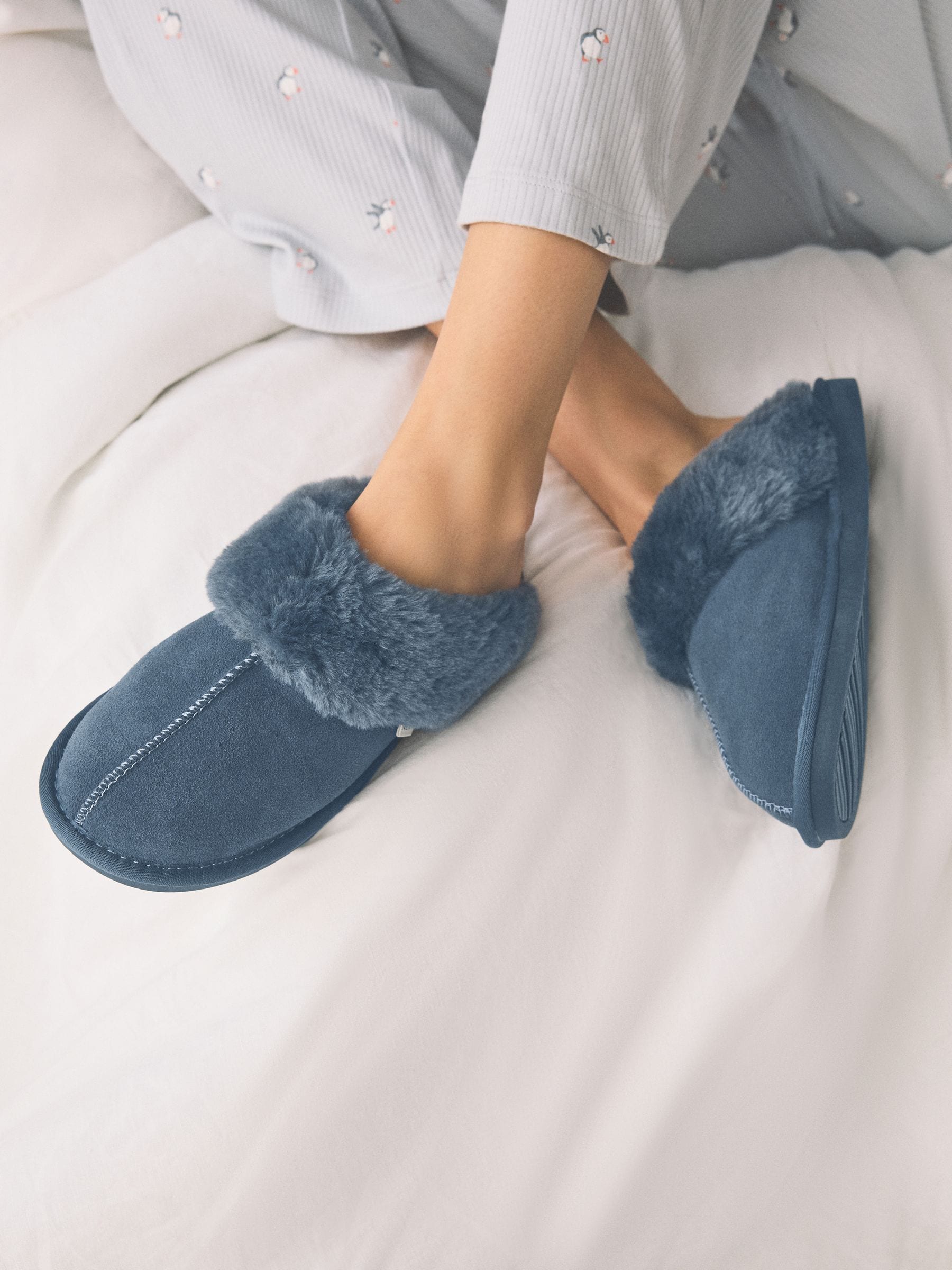 Denim Blue Faux Fur Lined Suede Mule Slippers