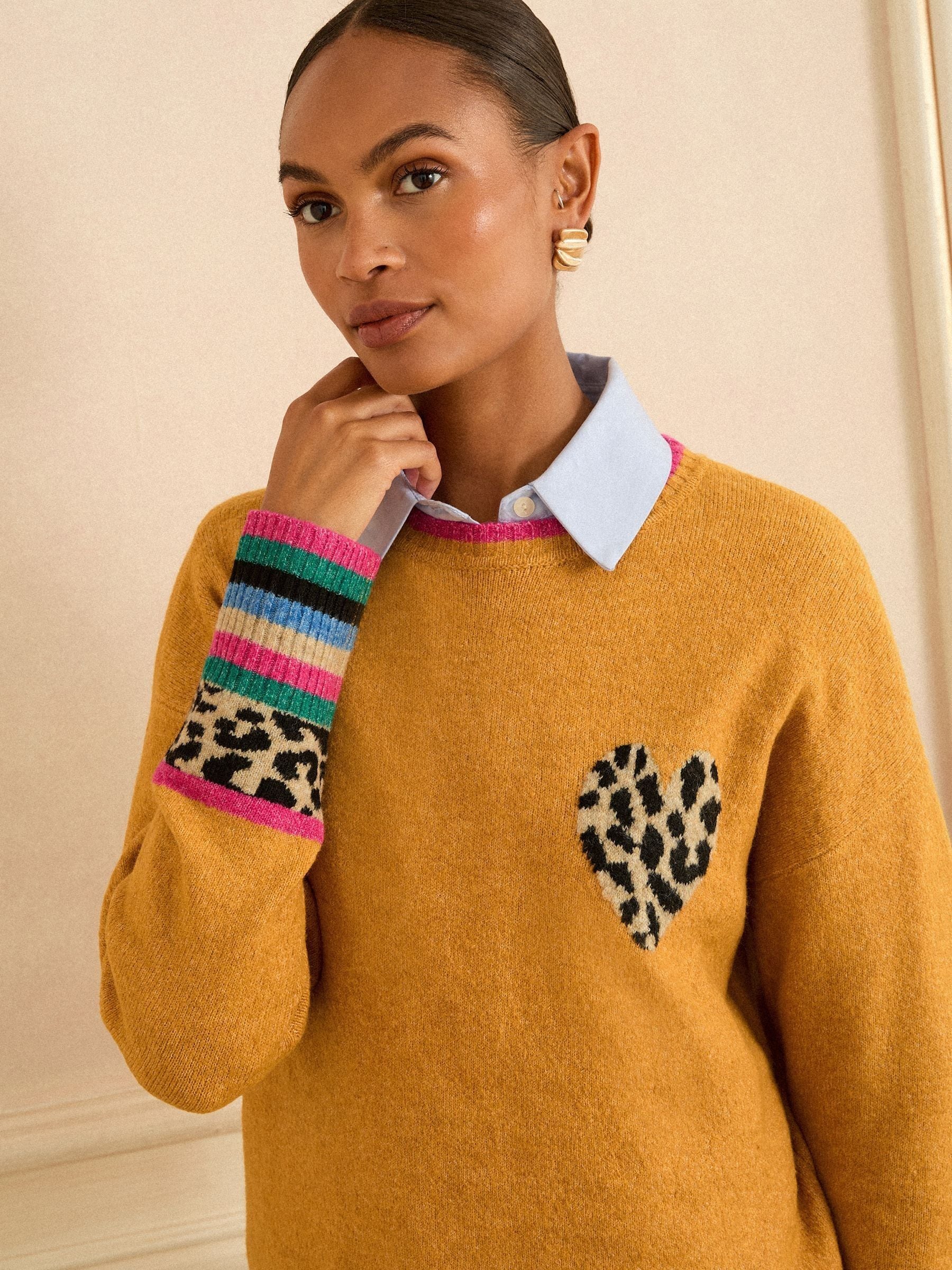 Love & Roses Yellow Animal Print Heart Crew Neck Cosy Jumper