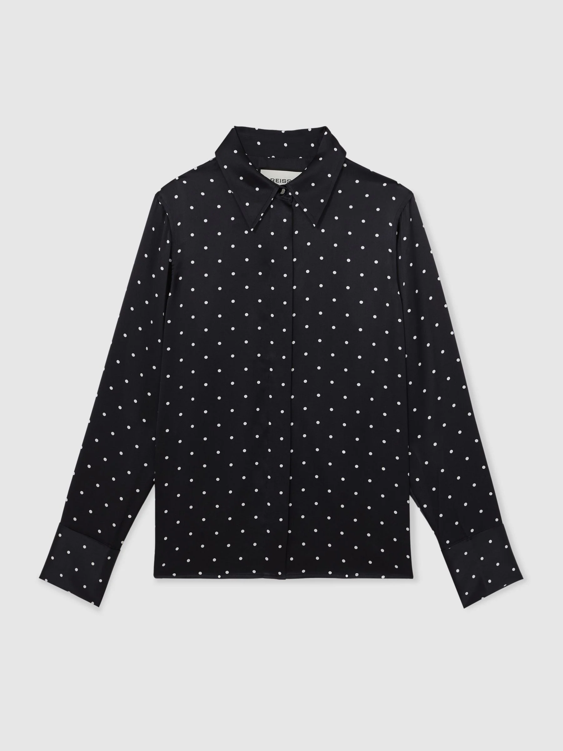 Reiss Navy polka Dot Ameira Silk-Satin Concealed-Placket Shirt