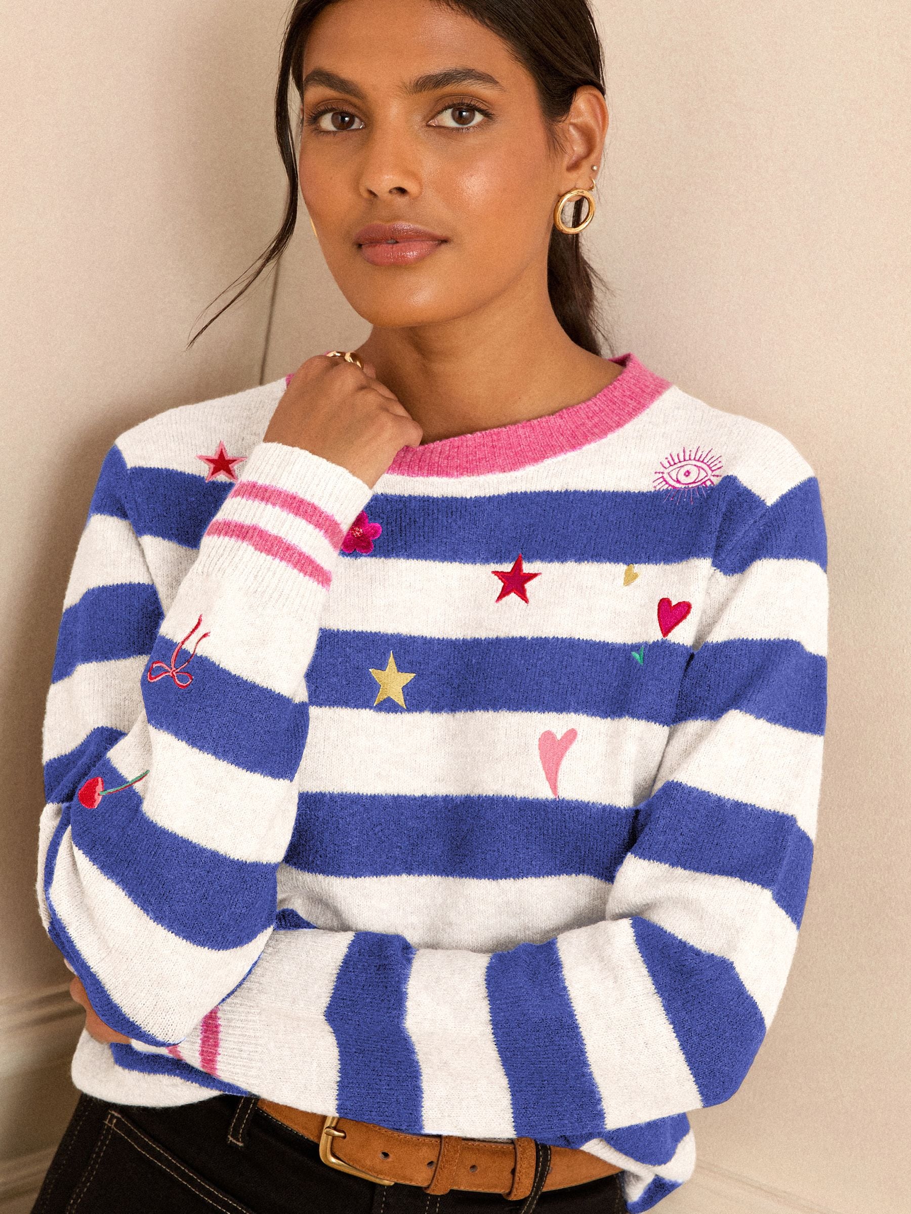 Love & Roses Blue And Ivory Stripe Embroidered Jumper