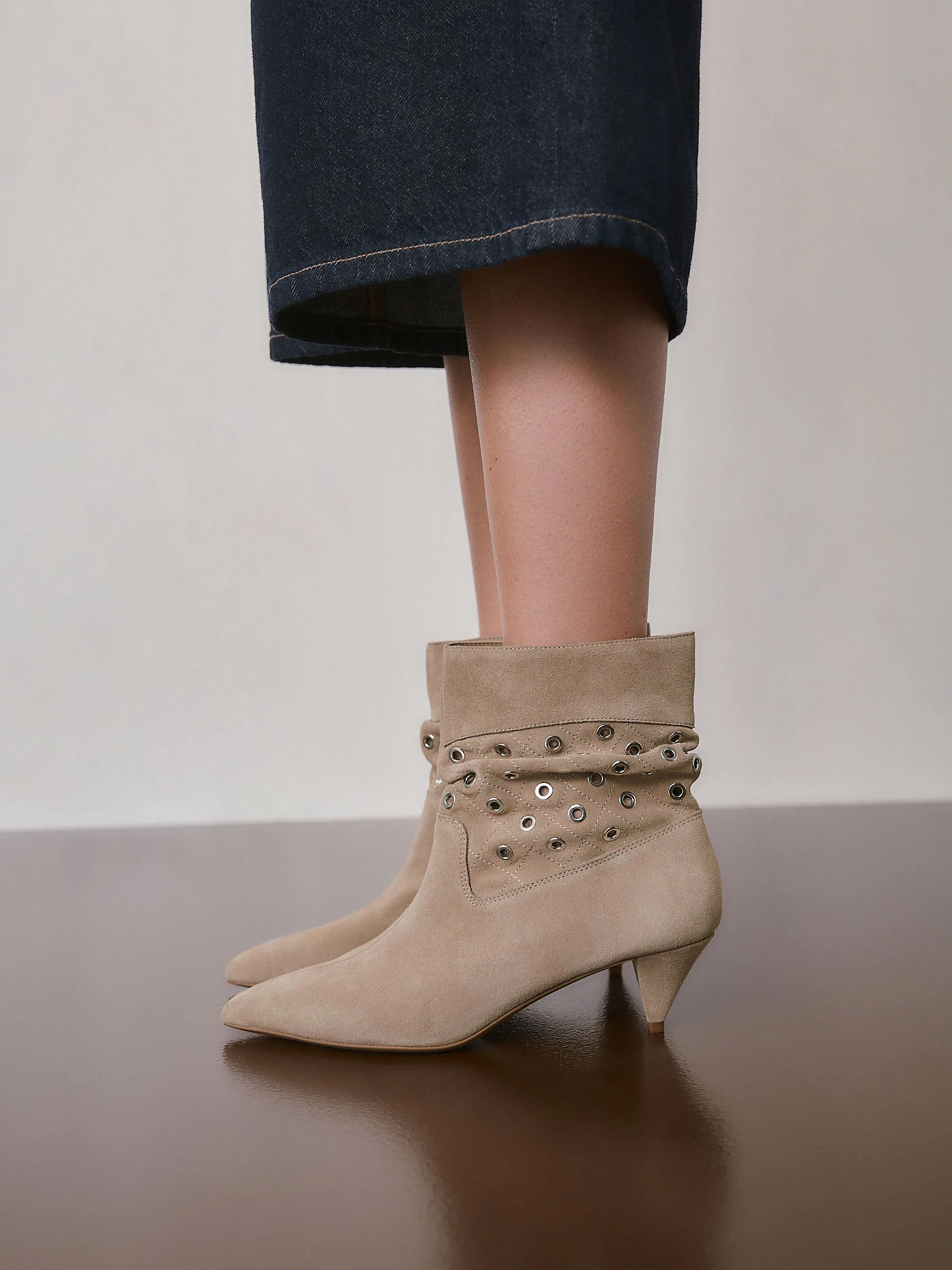 Neutral Suede Forever Comfort® Eyelet Embellished Ankle Boots