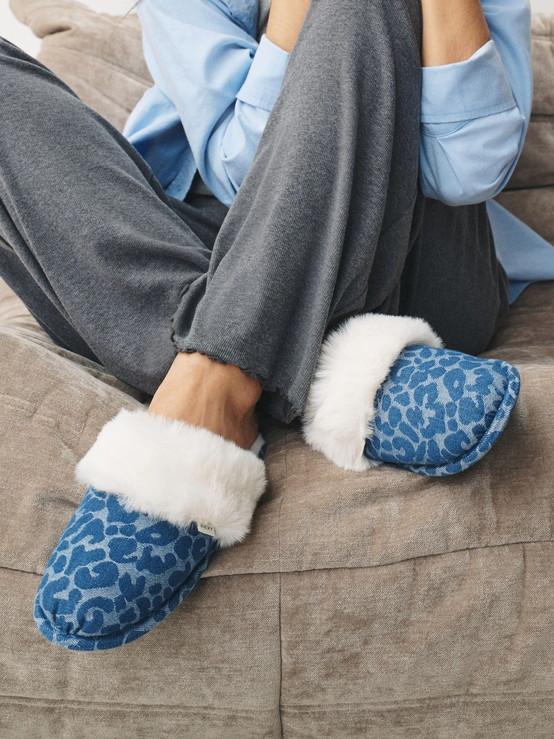 Blue Denim Leopard Faux Fur Denim Mules