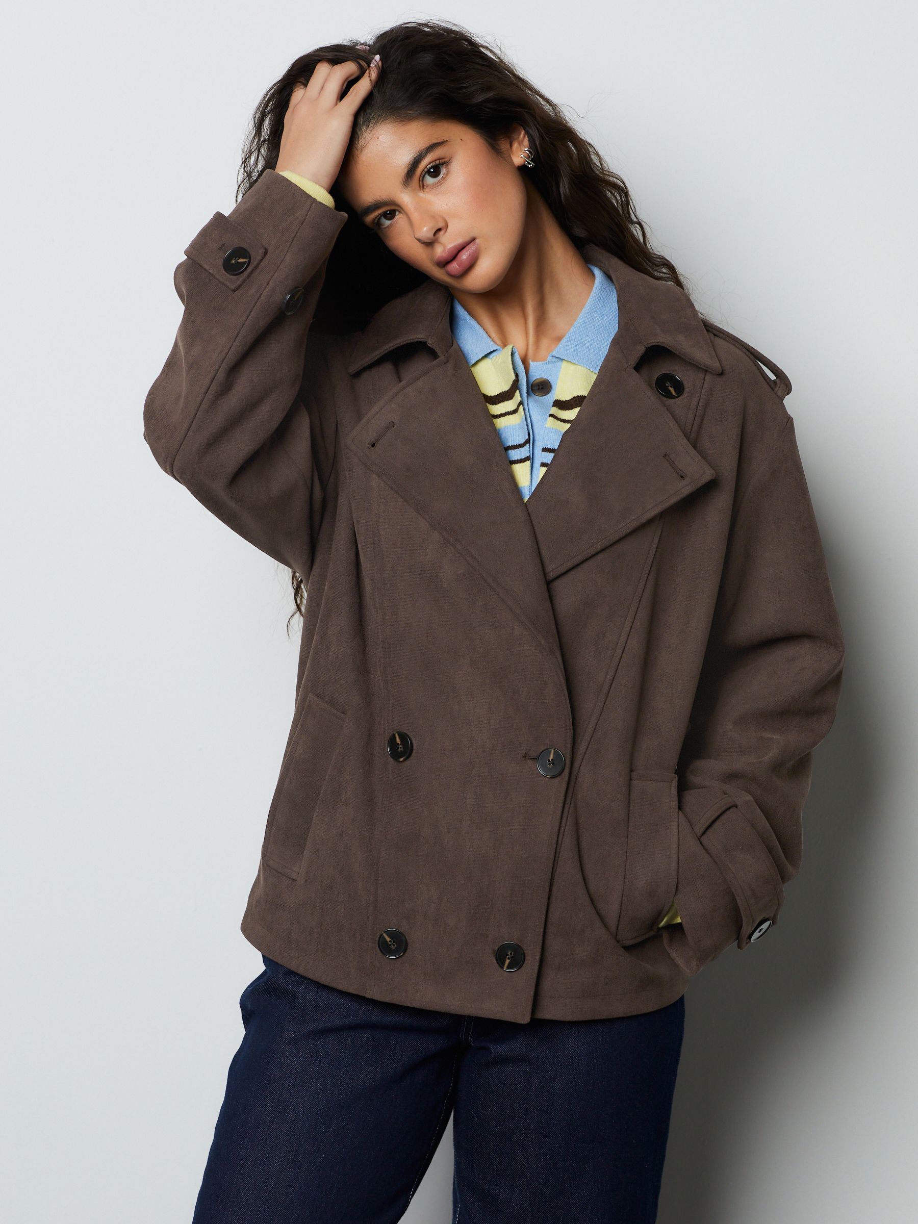 Chocolate Brown Faux Suede Cropped Trench Coat