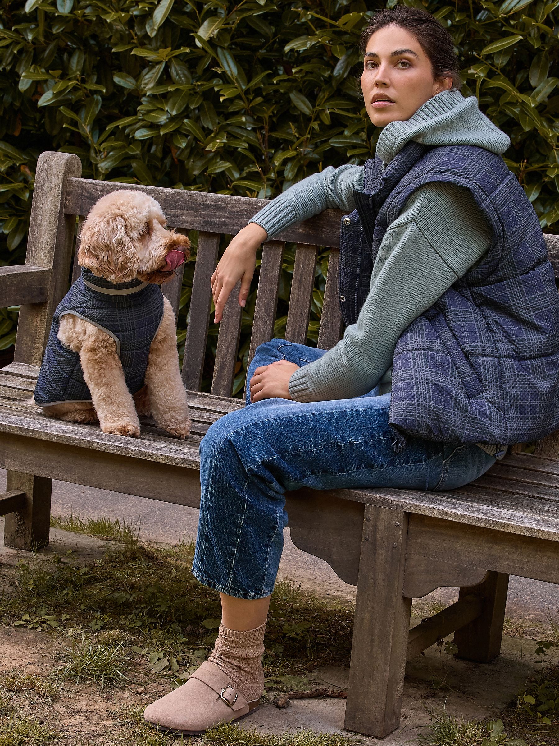 Navy Blue Check Short Padded Coat with Detachable Sleeves