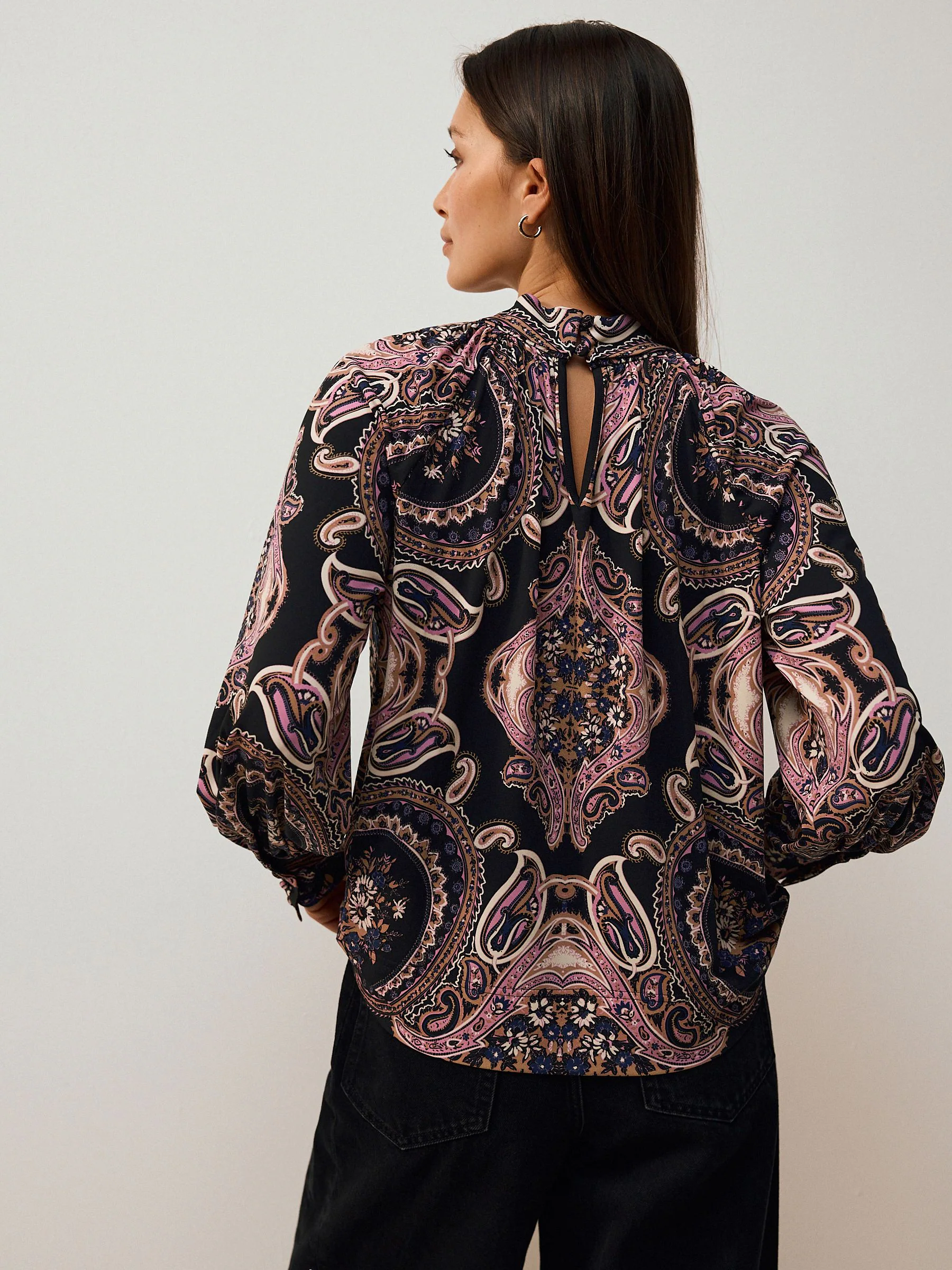 Black/Pink Paisley Long Sleeve Twist Neck Jersey Blouse