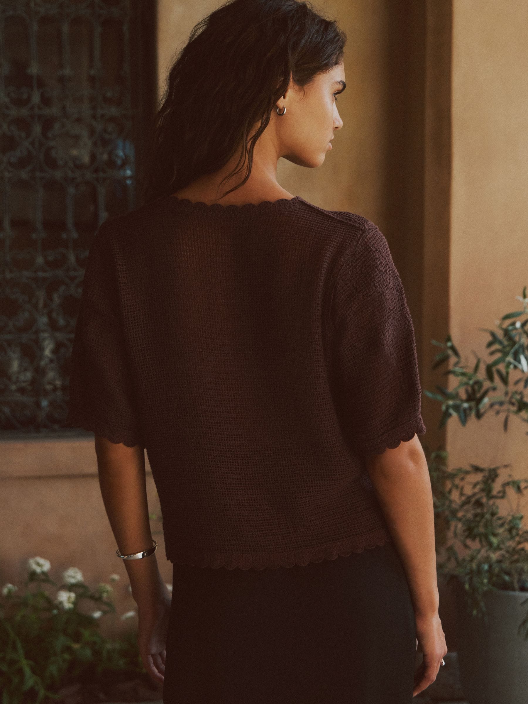 Chocolate Brown Short Sleeve Floral Crochet Crew Neck T-Shirt