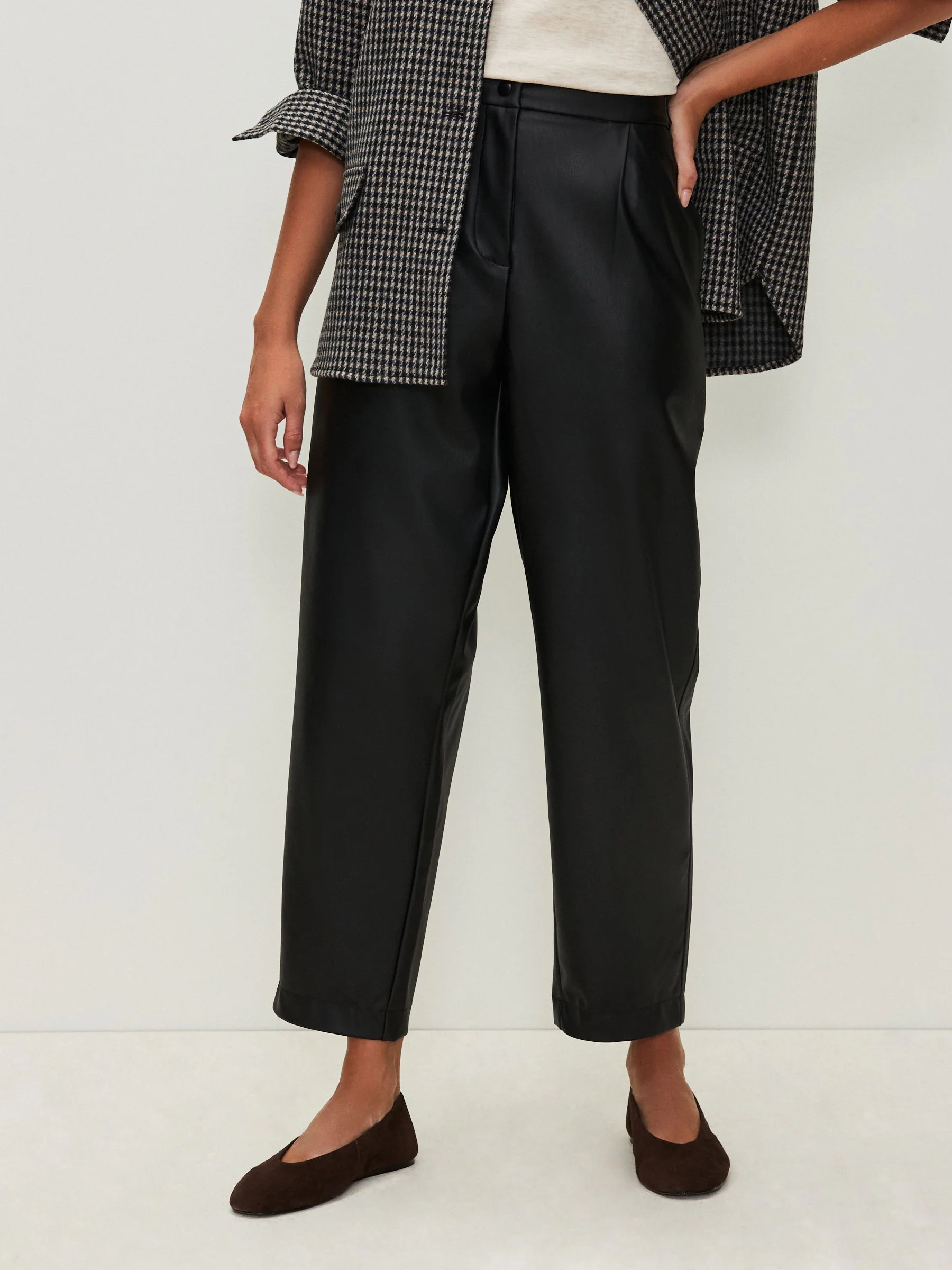 Black Faux Leather Barrel Leg Trousers