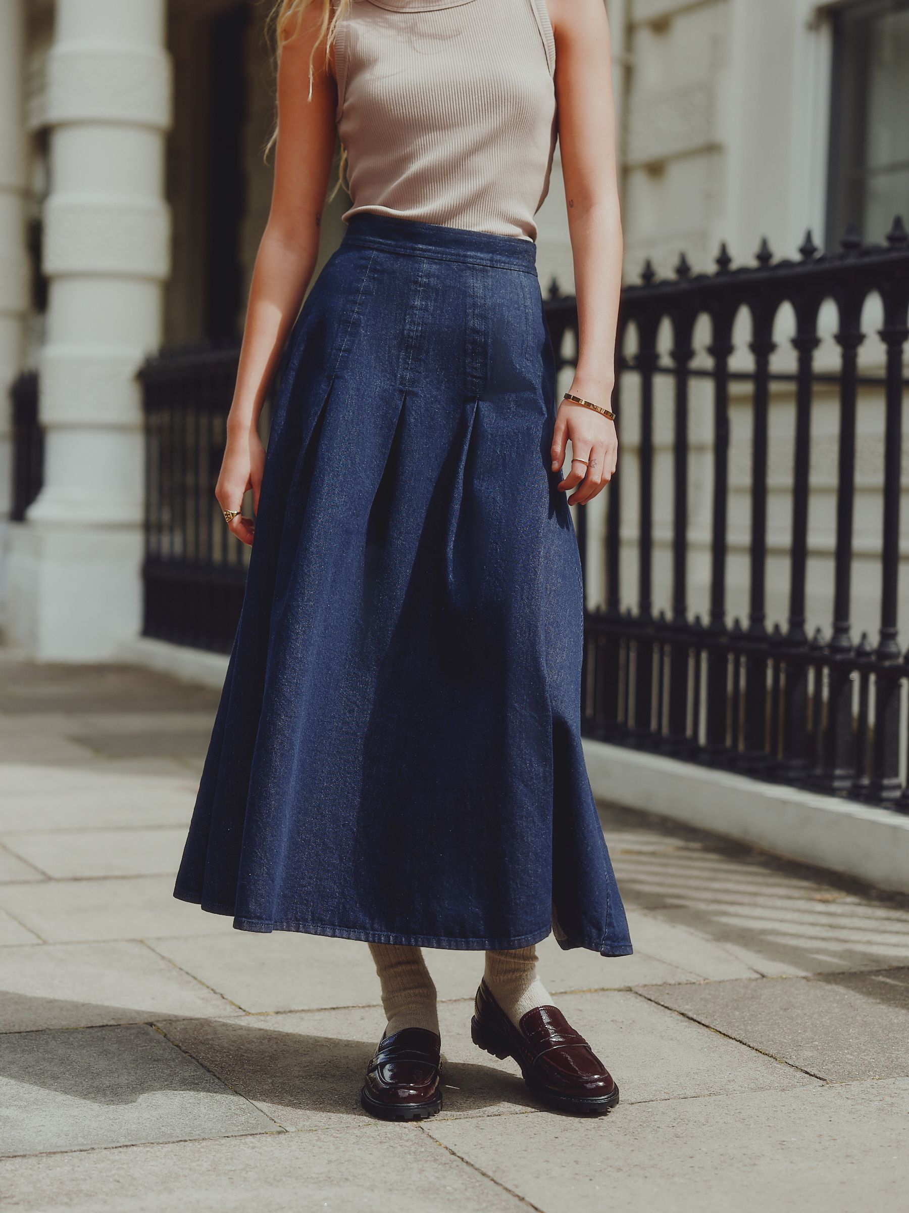 Rinse Blue Denim Full Seamed Midi Skirt