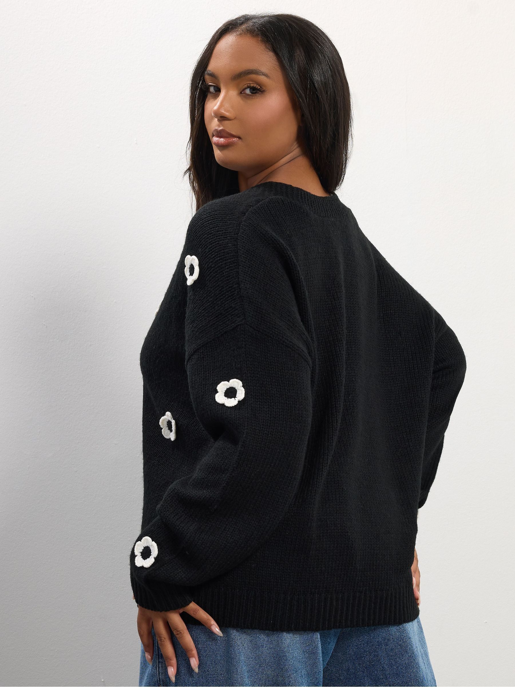 Yours Curve Black Flower Detail Cardigan