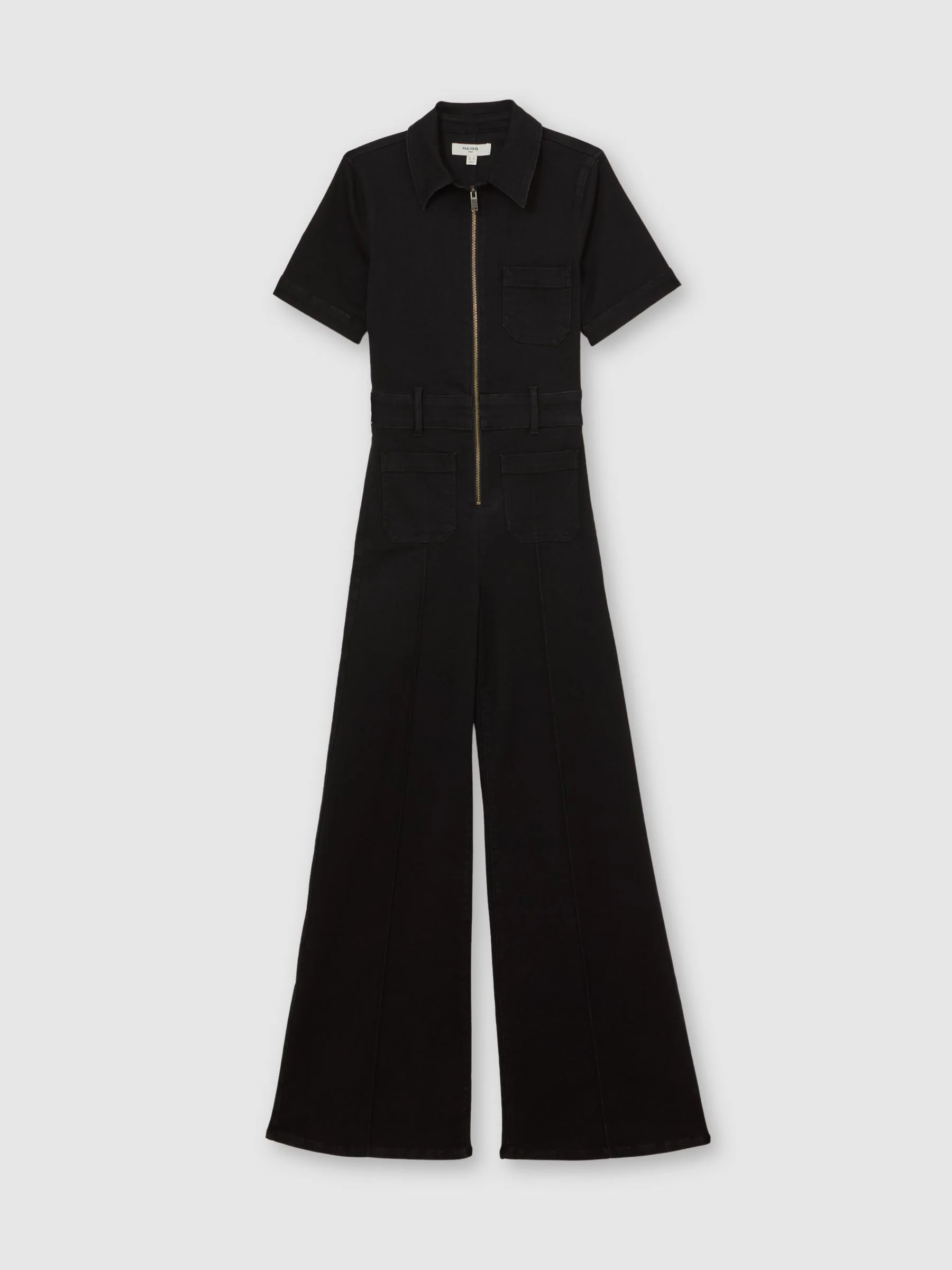 Reiss Black Danie Wide-Leg Zip-Through Denim Jumpsuit