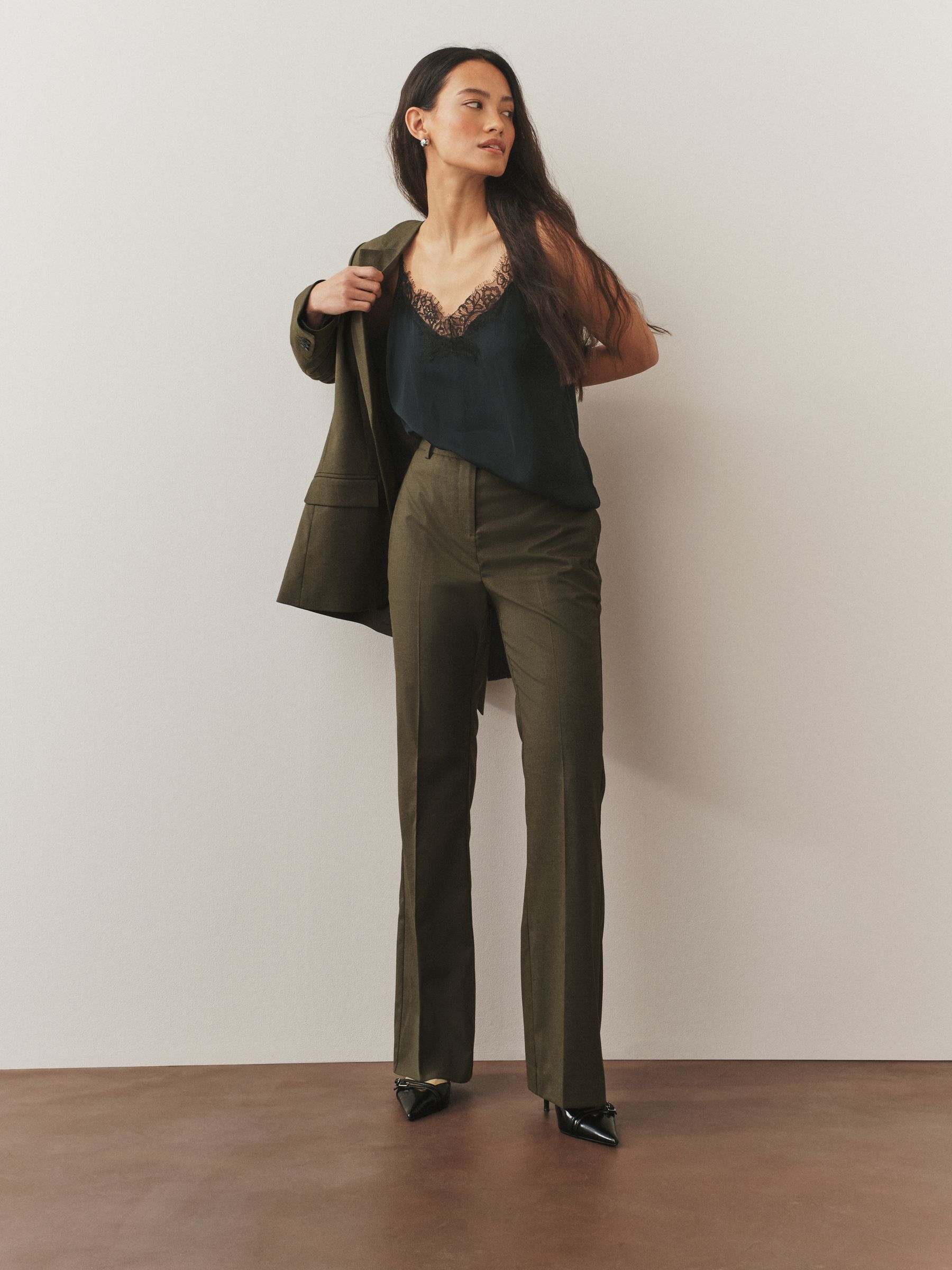 Khaki Green Tailored Bootcut Trousers With Wool