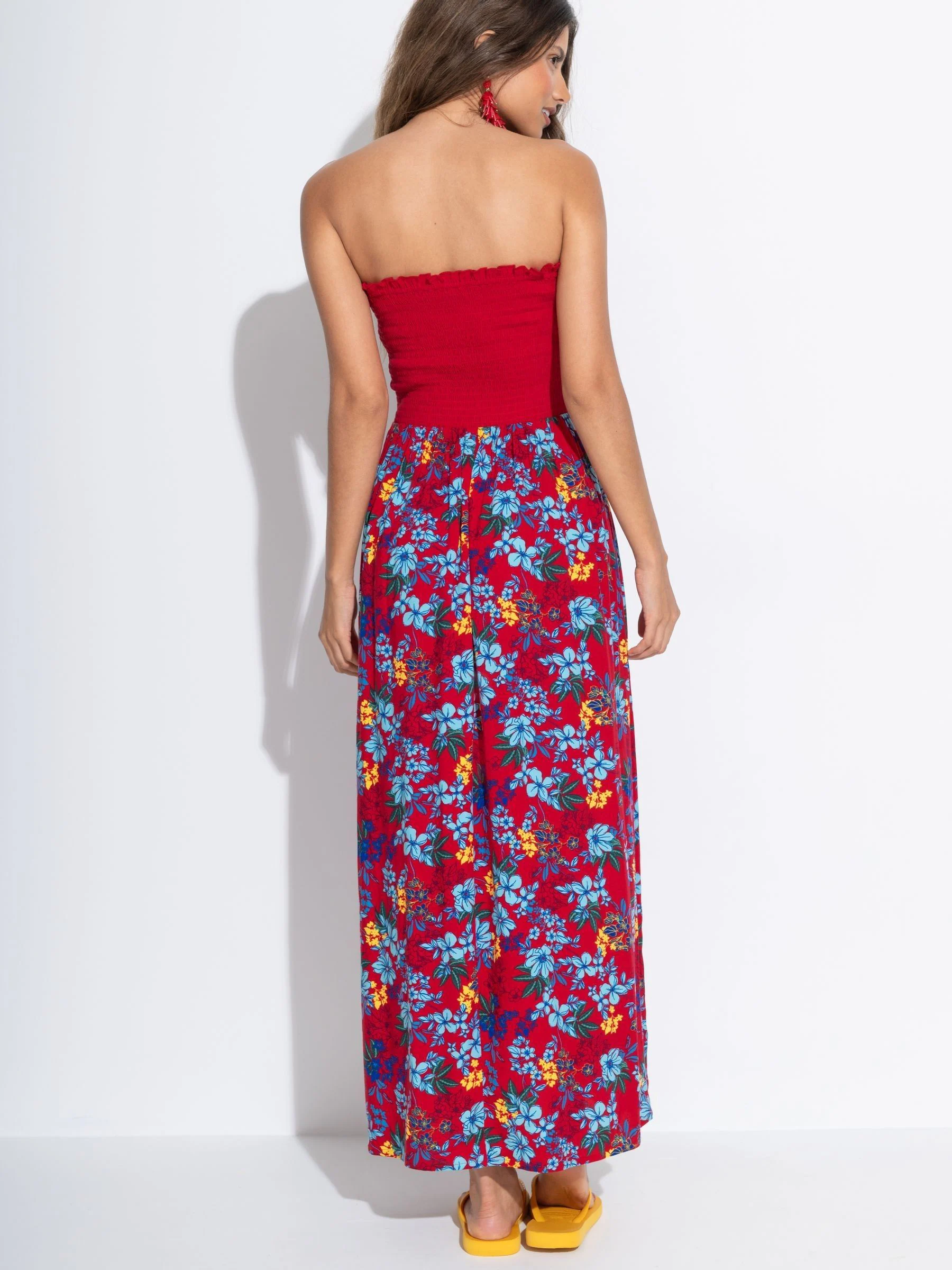 Pour Moi Red Floral Emma Strapless Shirred Bodice Maxi Beach Dress