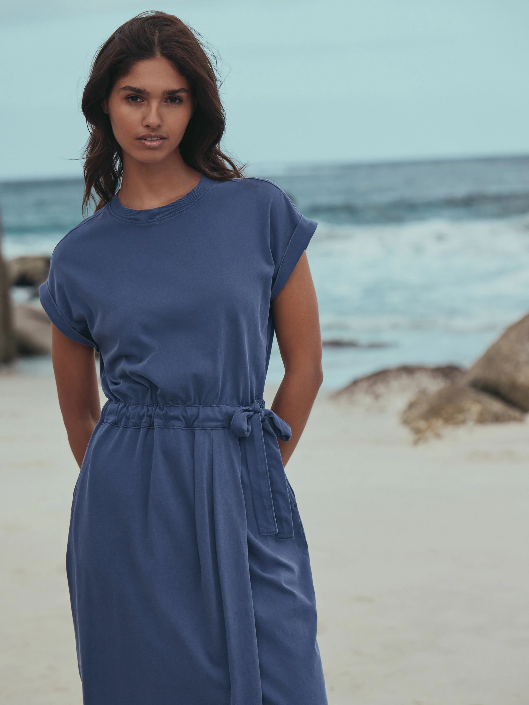 Washed Blue Jersey Sarong Tie T-Shirt Dress