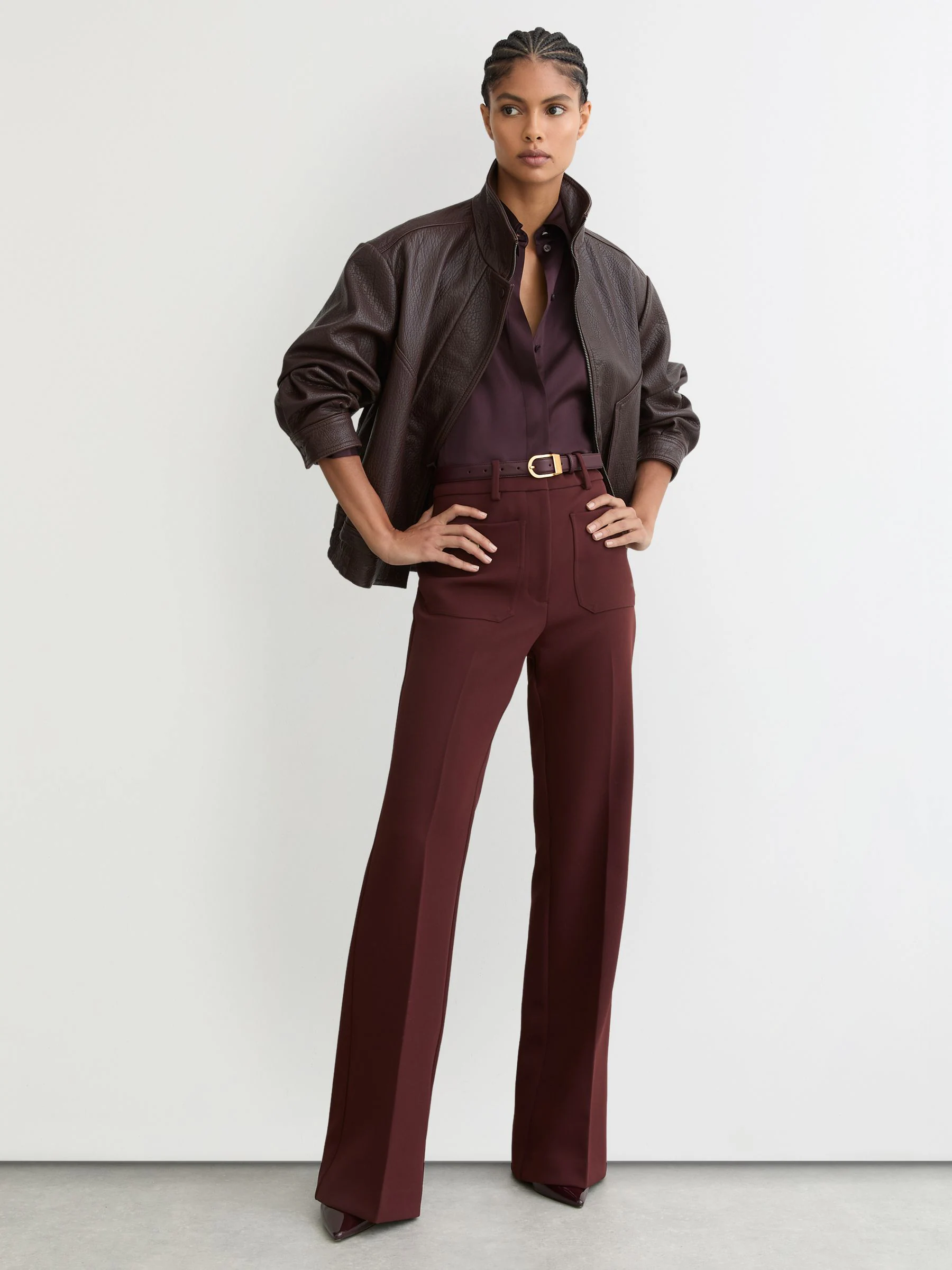 Reiss Burgundy Hazel Leather Curved-Buckle Belt