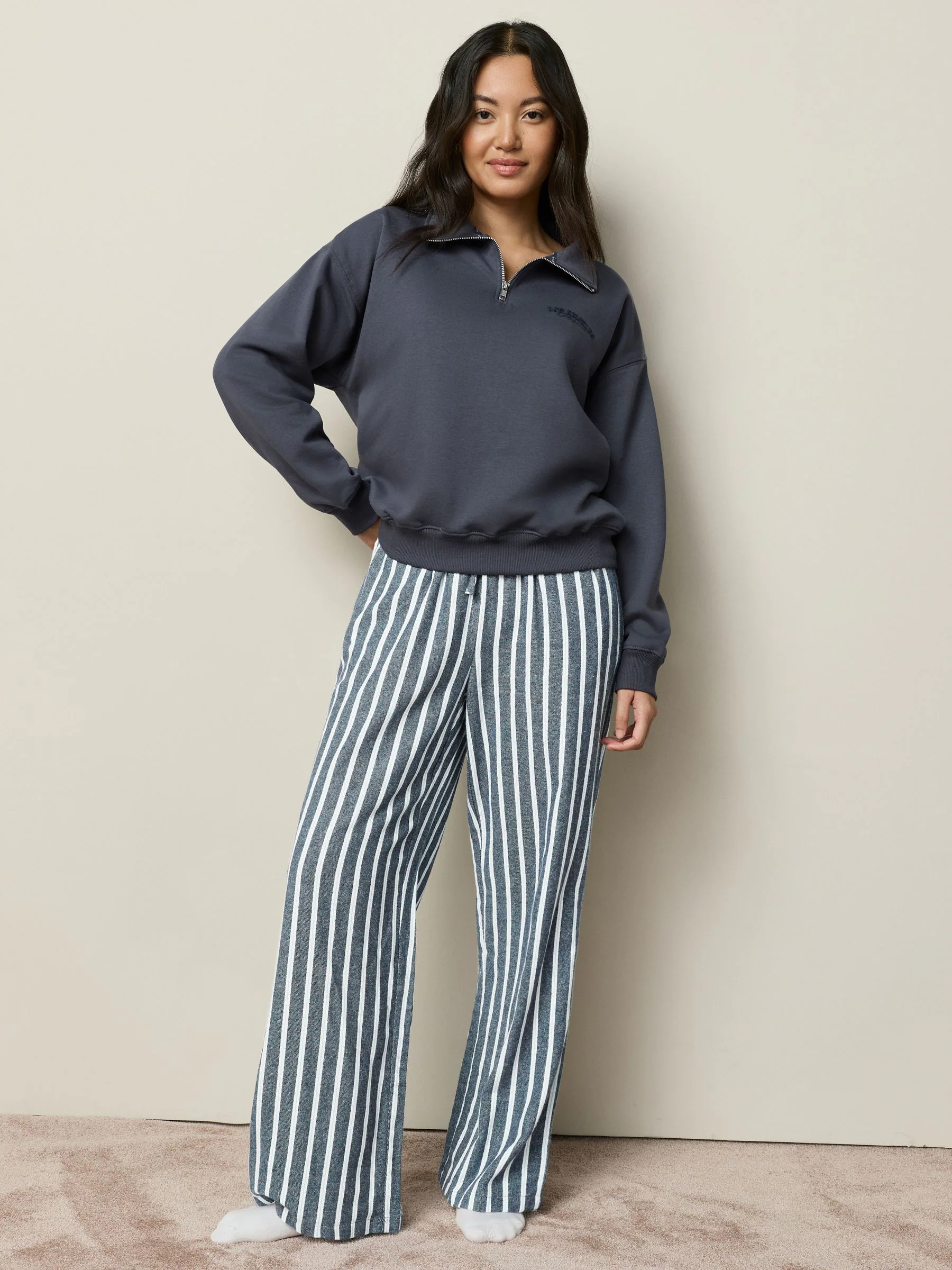 Navy Stripe Half Zip Sweatshirt and Flannel Pyjamas Set
