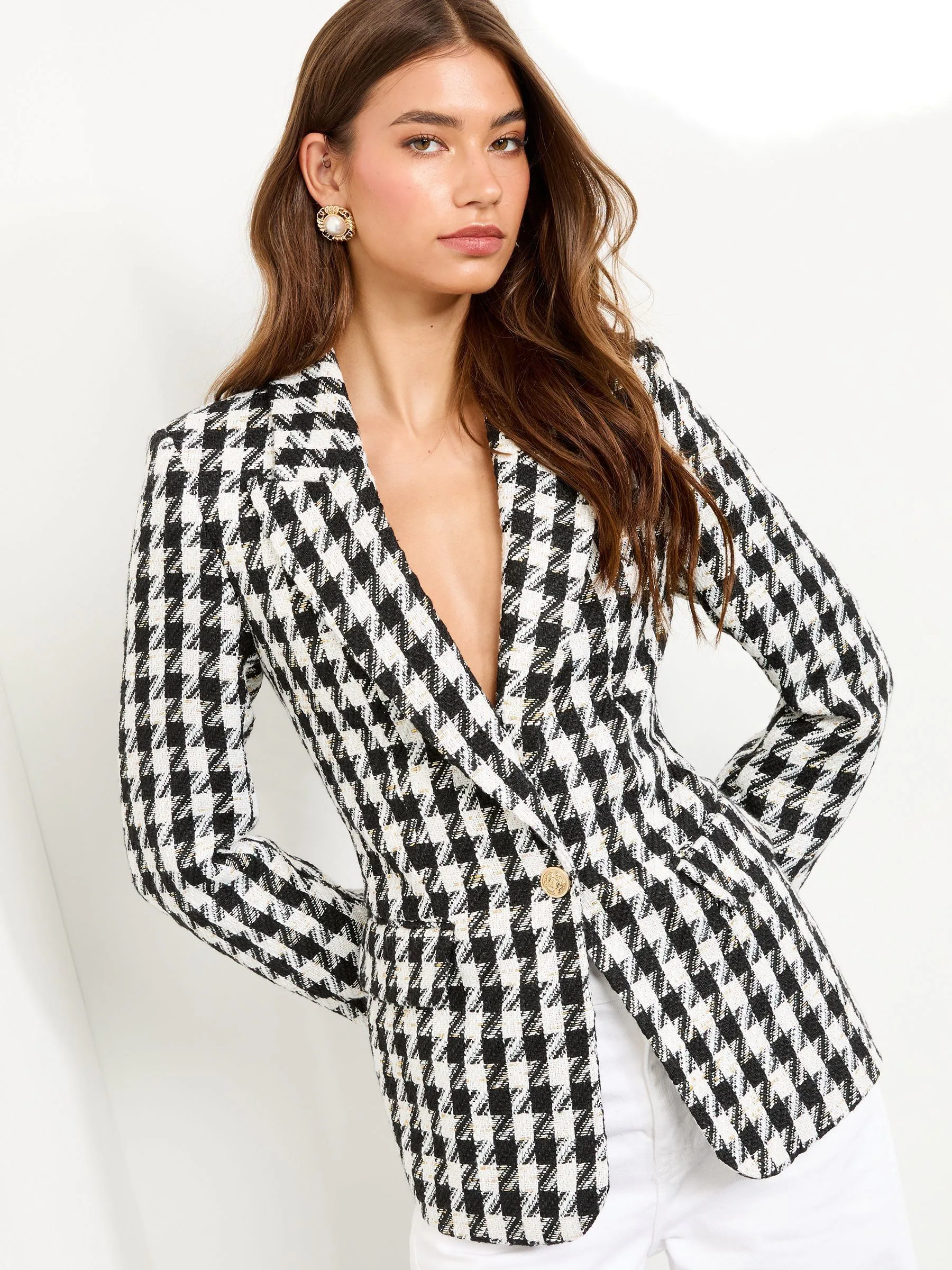 Lipsy Black and White Houndstooth Single Breasted Blazer