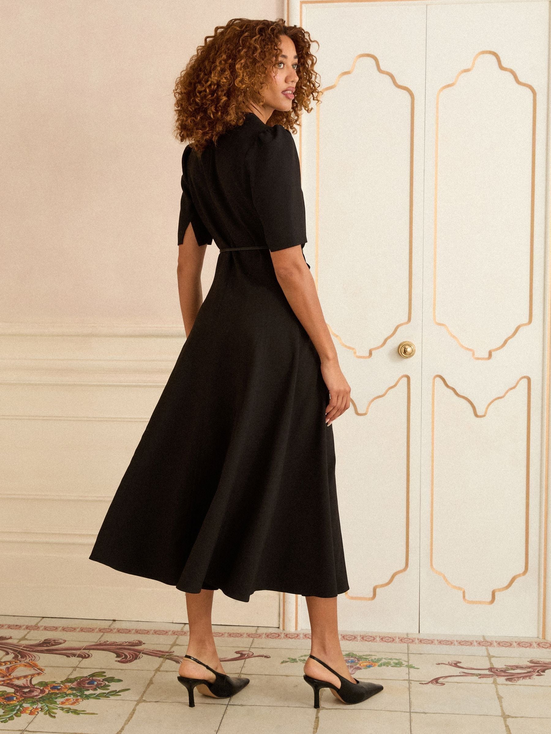 Love & Roses Black Crepe V-Neck PU Trim Midi Dress