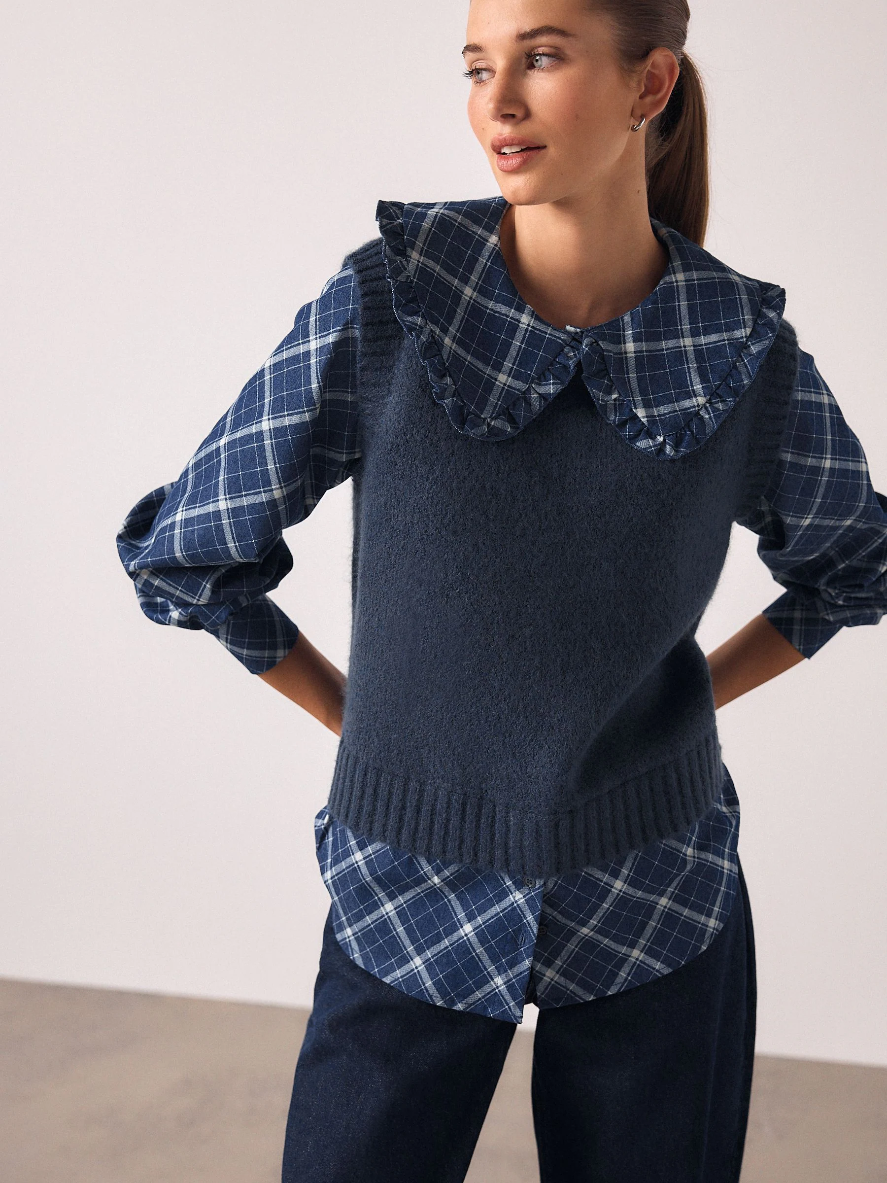 Blue Check Frill Collar Shirt Layer Knitted Tank