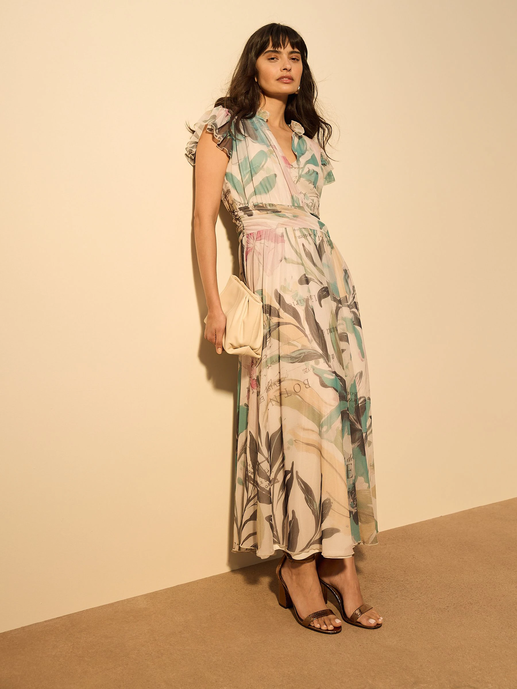 Ecru Floral Pleated Mesh Print V-Neck Occasion Maxi Dress