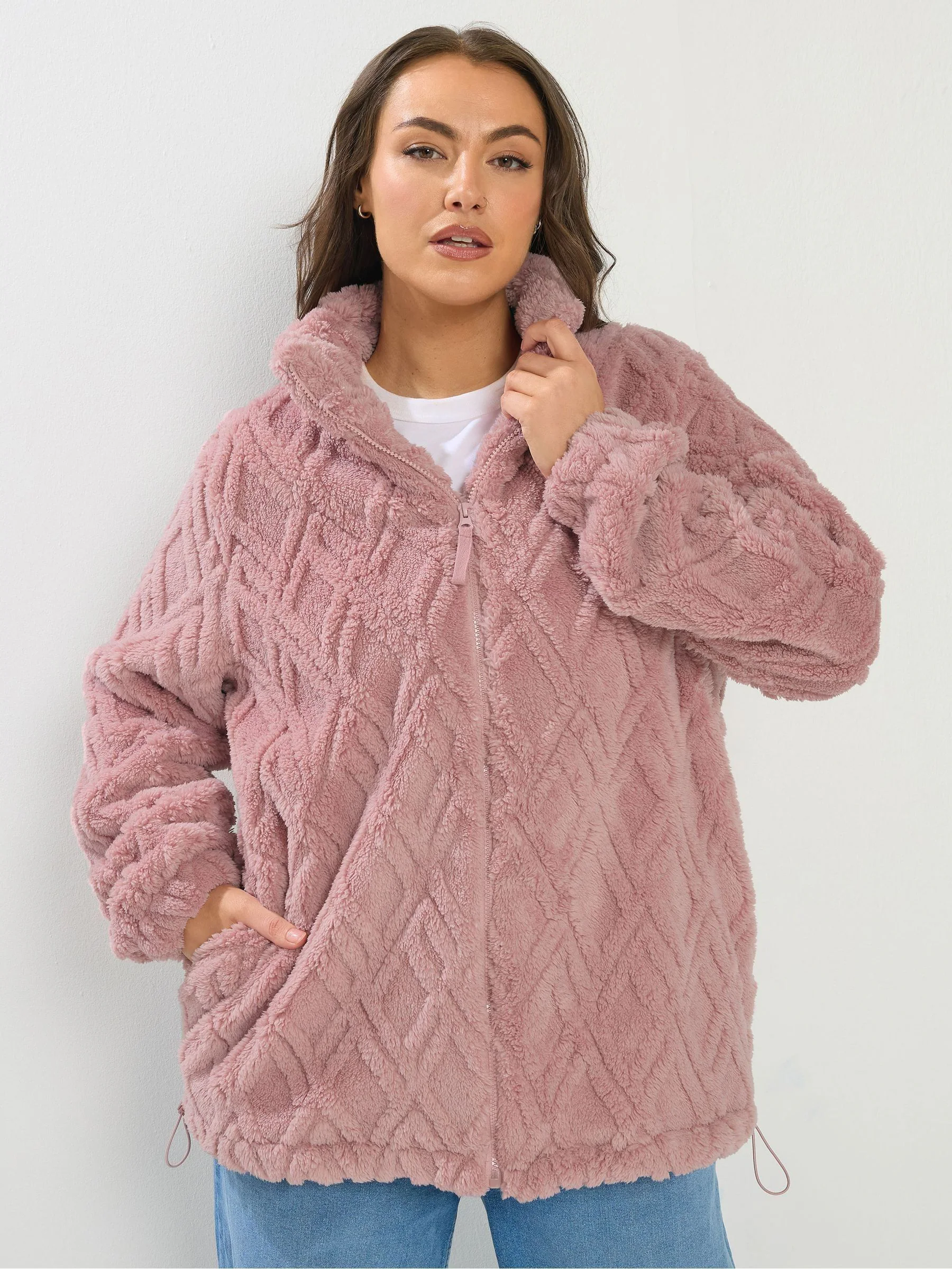 Yours Curve Pink Textured Zip Fleece