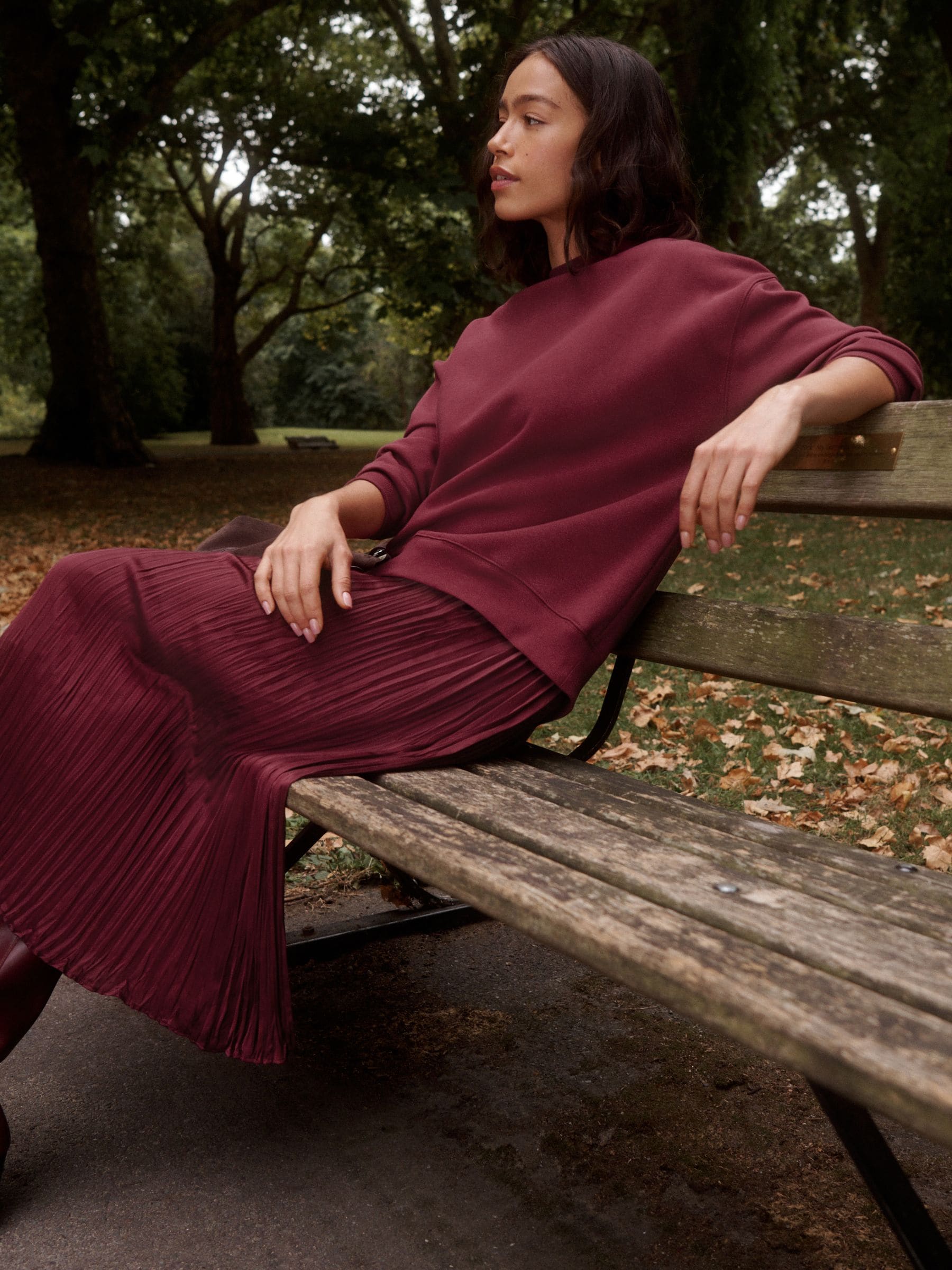 Burgundy Red 2-In-1 Sweatshirt With Satin Midi Skirt