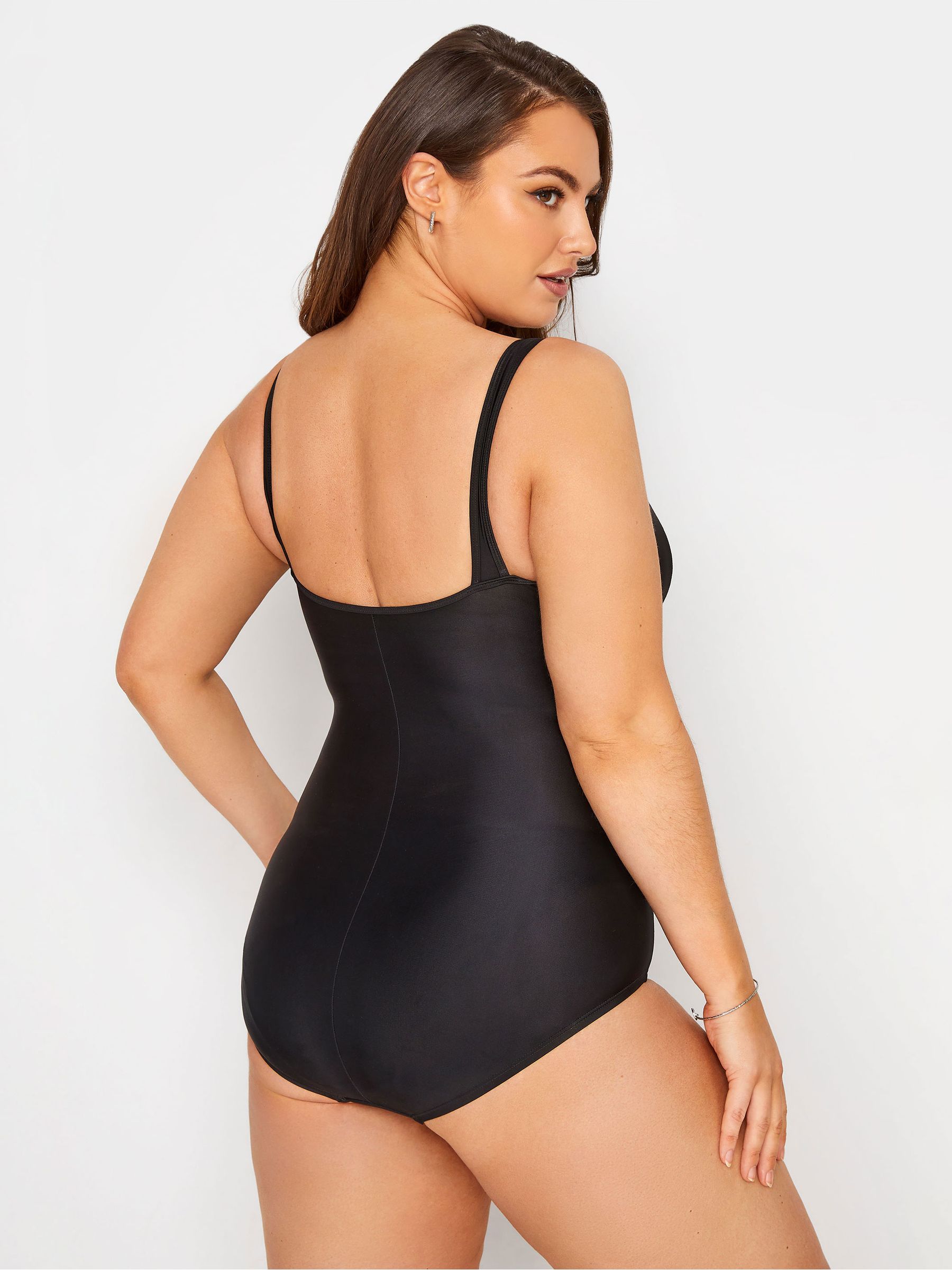 Yours Curve Black Black Ruched Mesh Tummy Control Swimsuit
