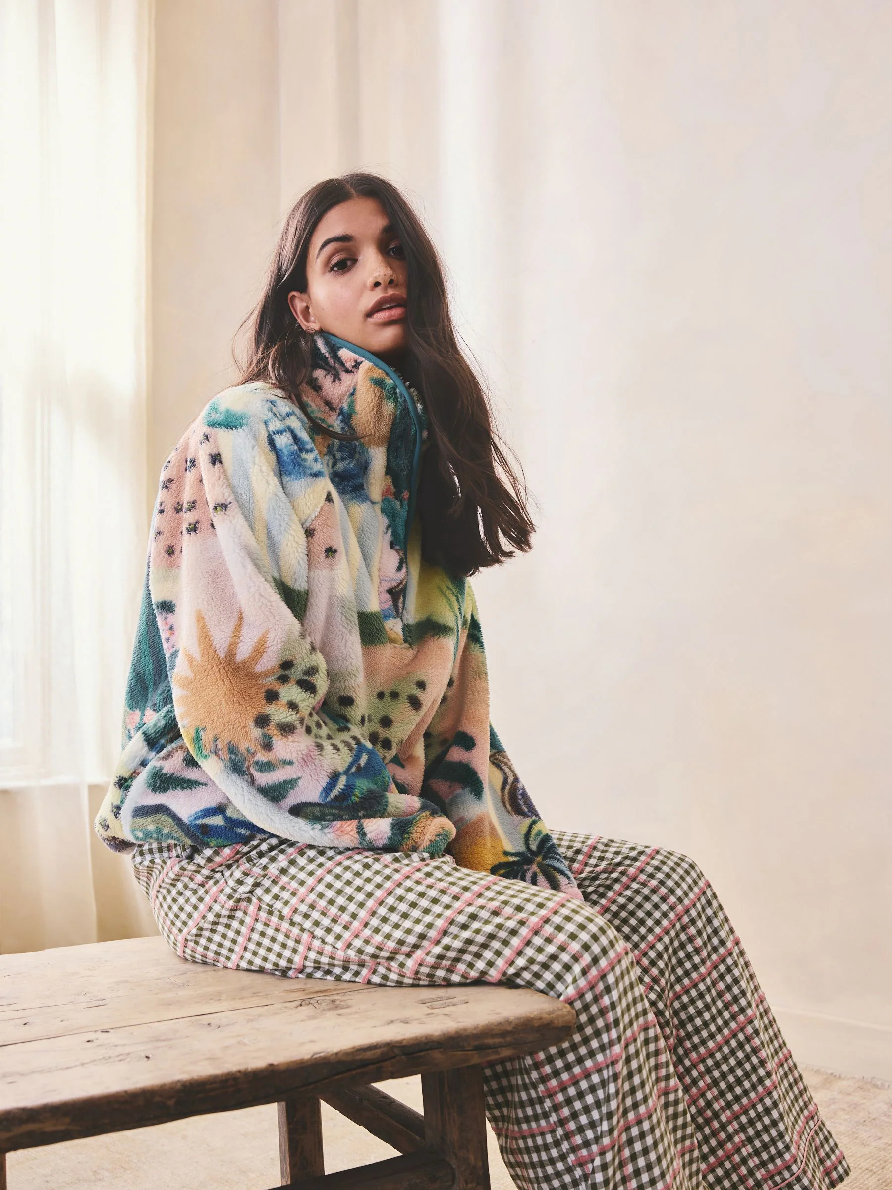 Orange Tropical Scene Printed Borg Fleece Top