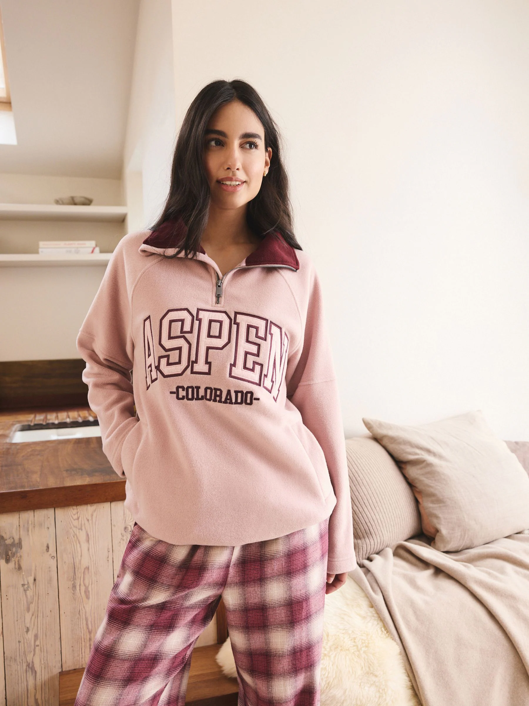 Pink/Burgundy Red Half Zip Graphic Fleece