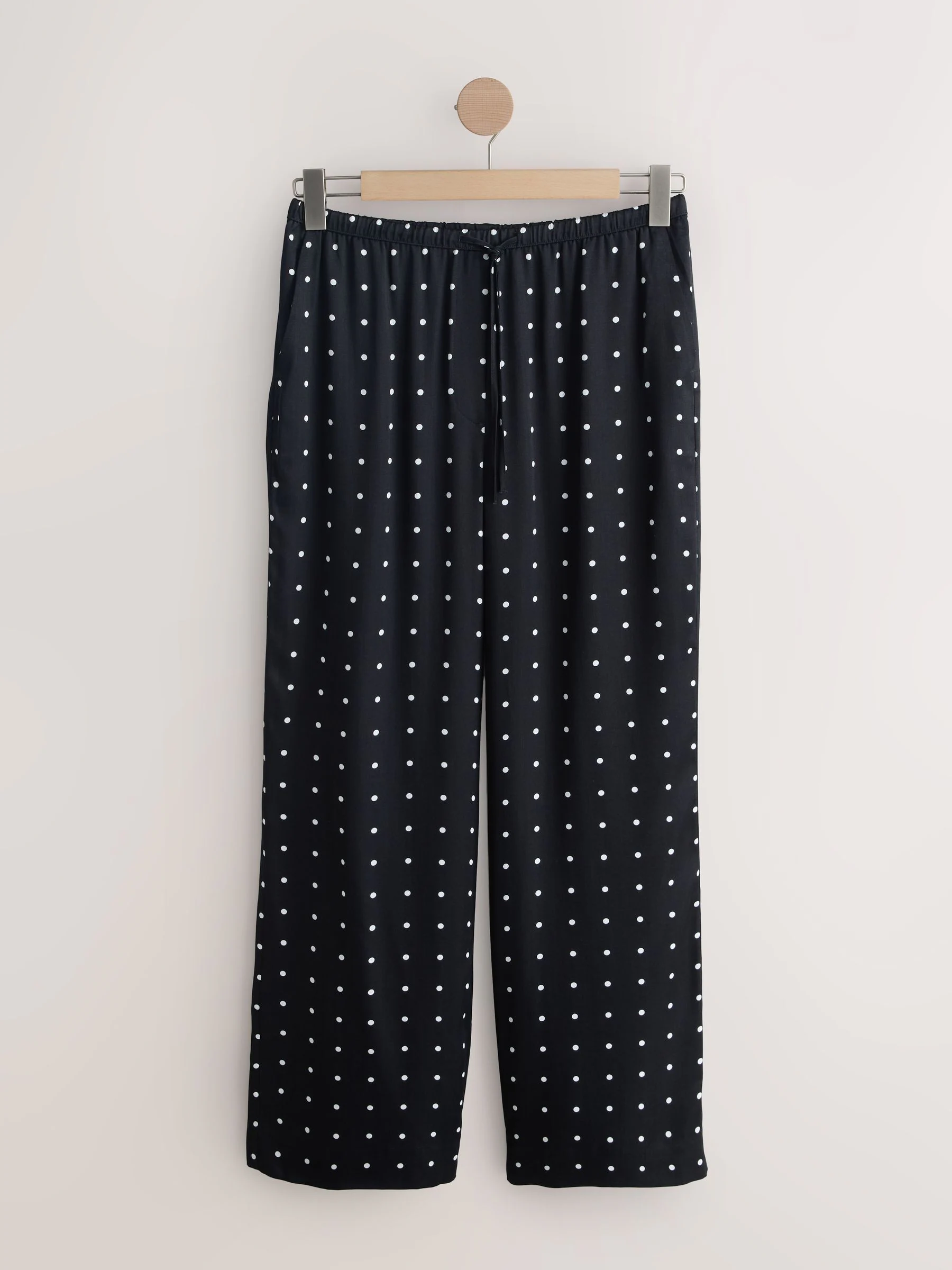Black/White Polka Dot Satin Tie Waist Wide Leg Trousers