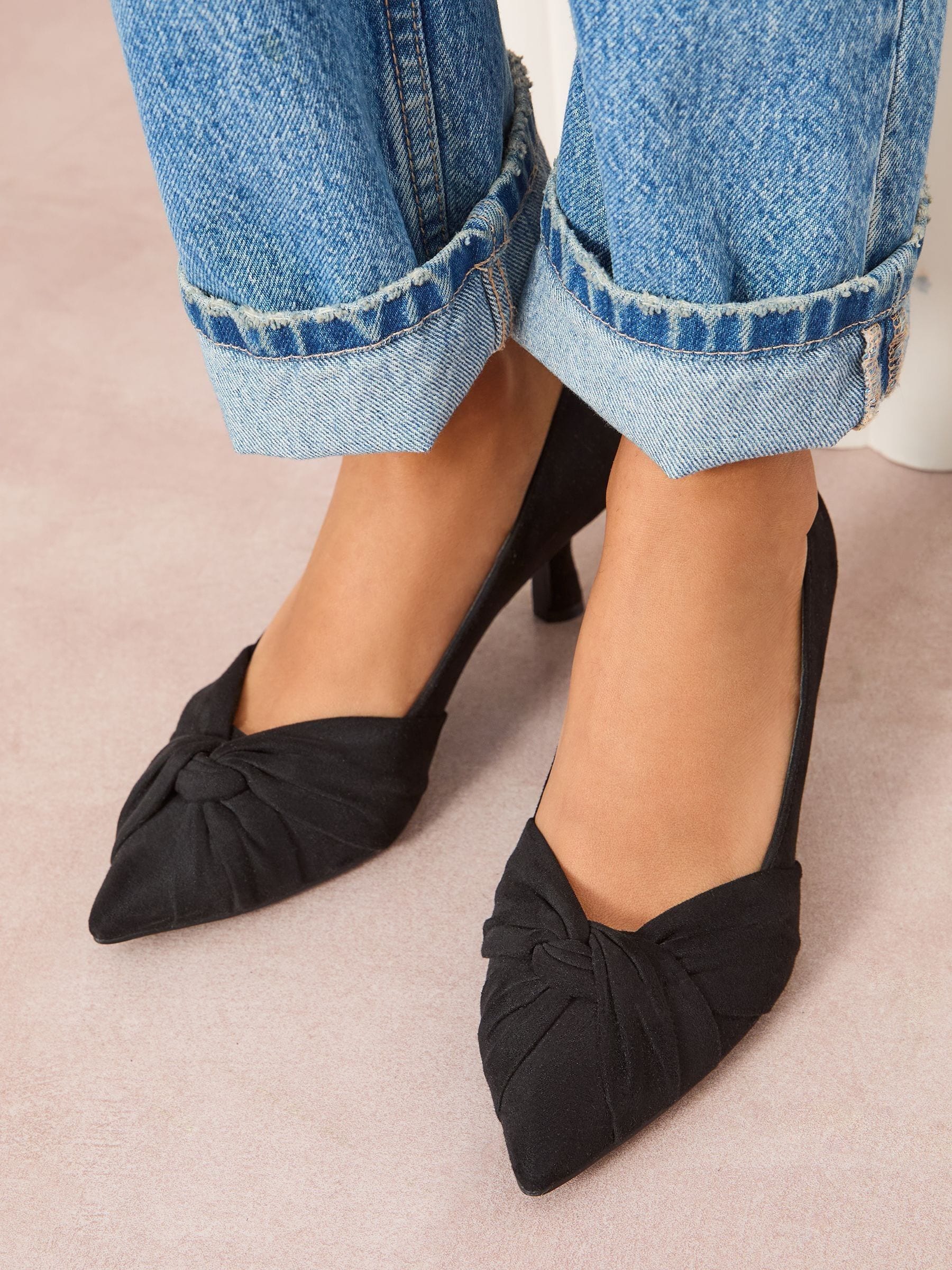 Friends Like These Black Standard Fit Twist Detail Kitten Heel Faux Suede Courts