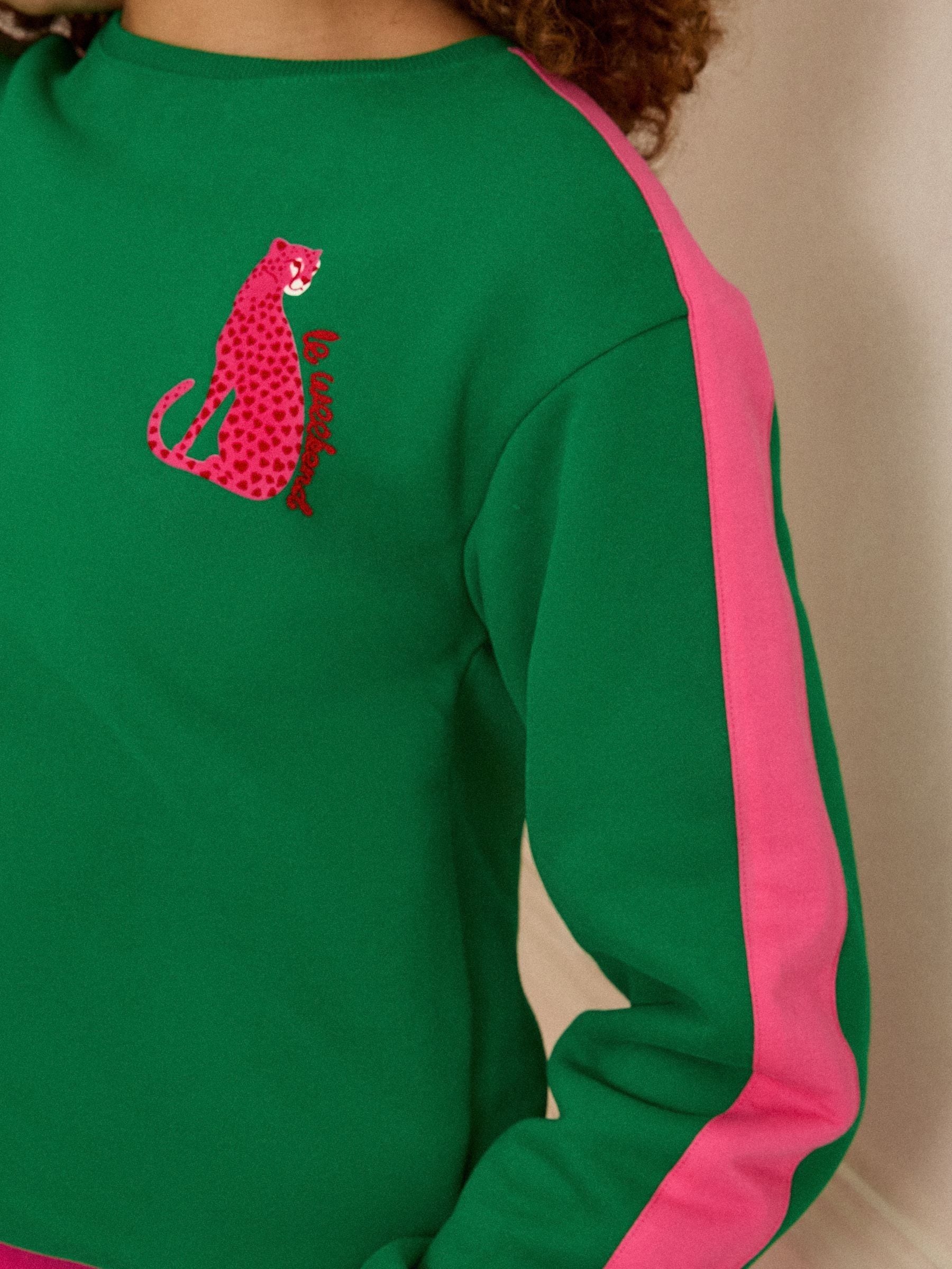 Love & Roses Green Leopard with Pink Stripe Crew Neck Jersey Sweatshirt