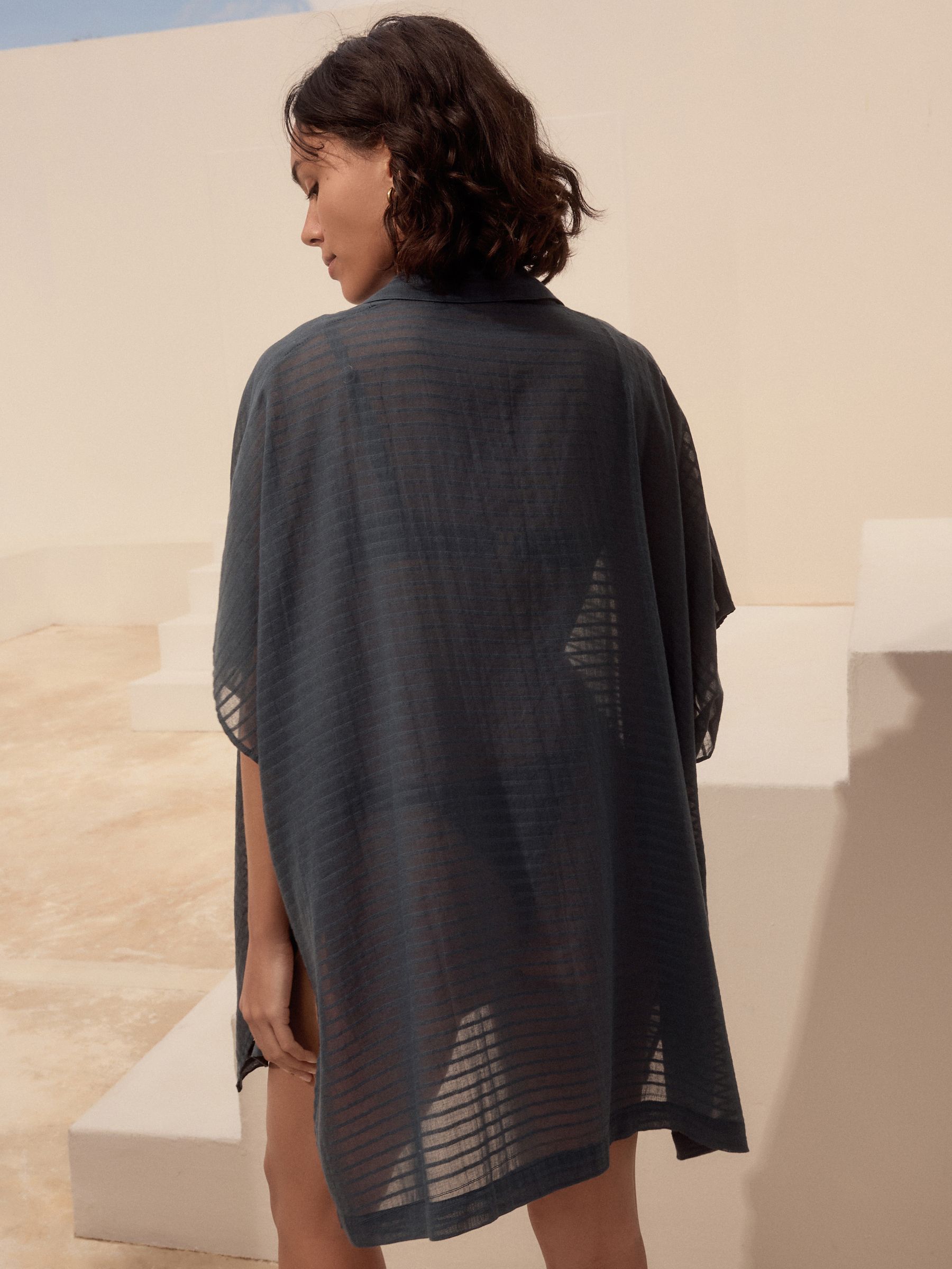 Blue Longline Overhead 100% Cotton Shirt Cover-Up