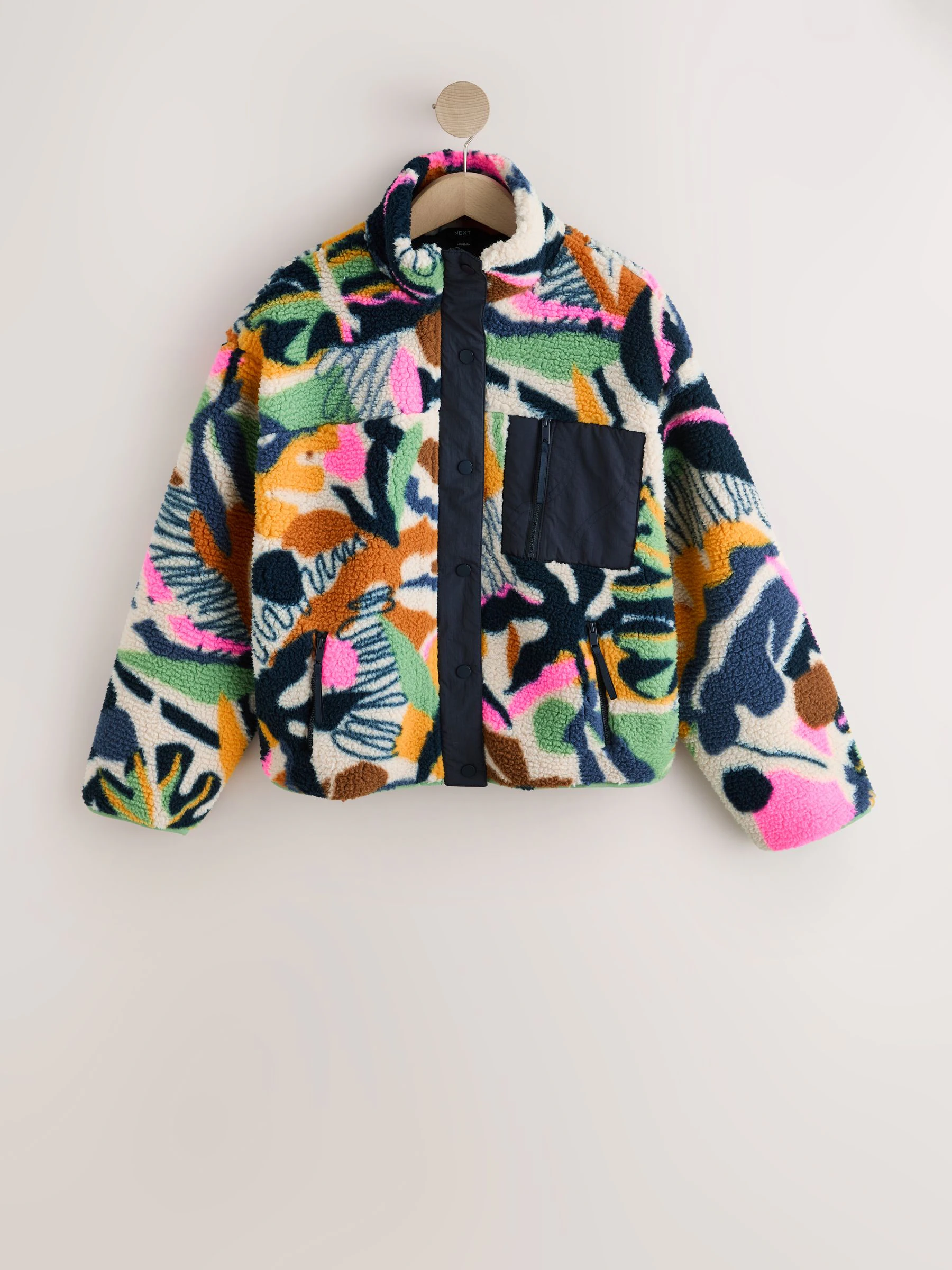 Navy Multi Graphic Floral Button Through Borg Jacket