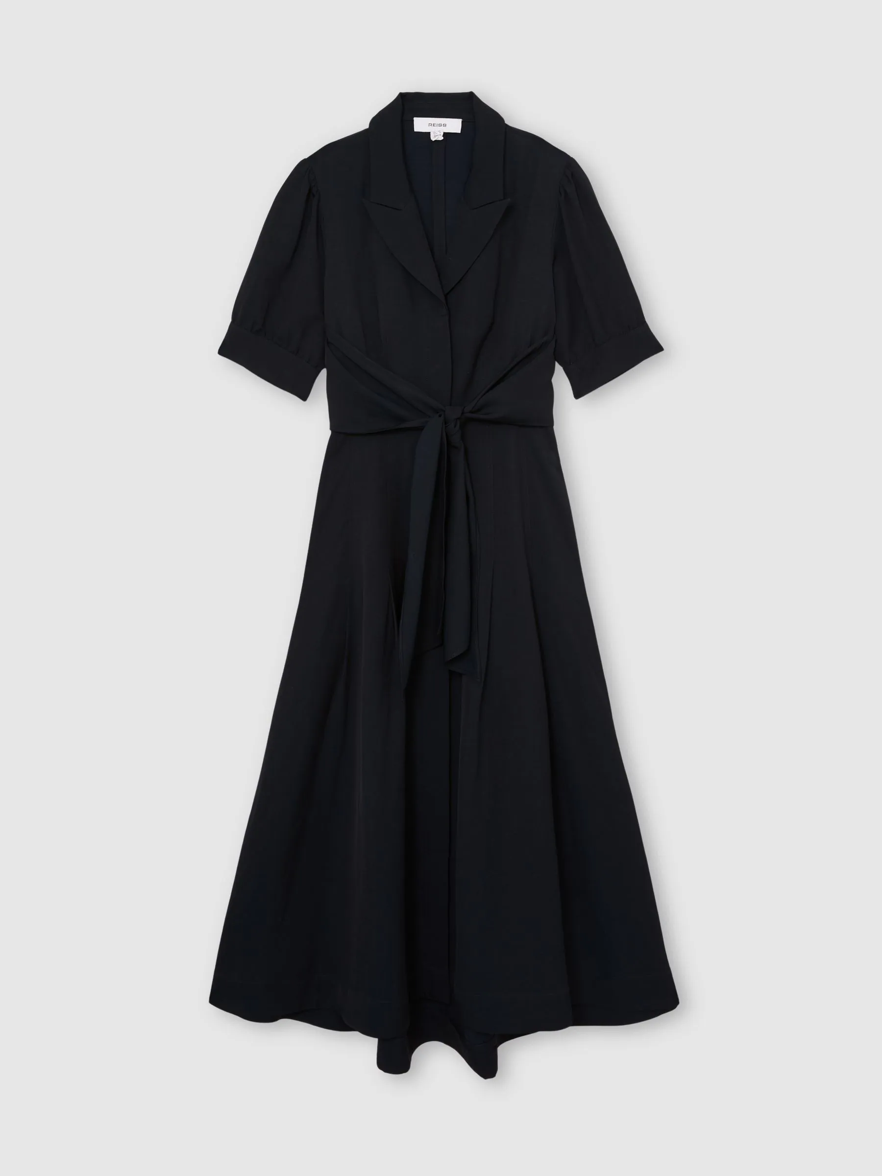 Reiss Navy Tessera Short-Sleeve Belted Midi Dress with Linen
