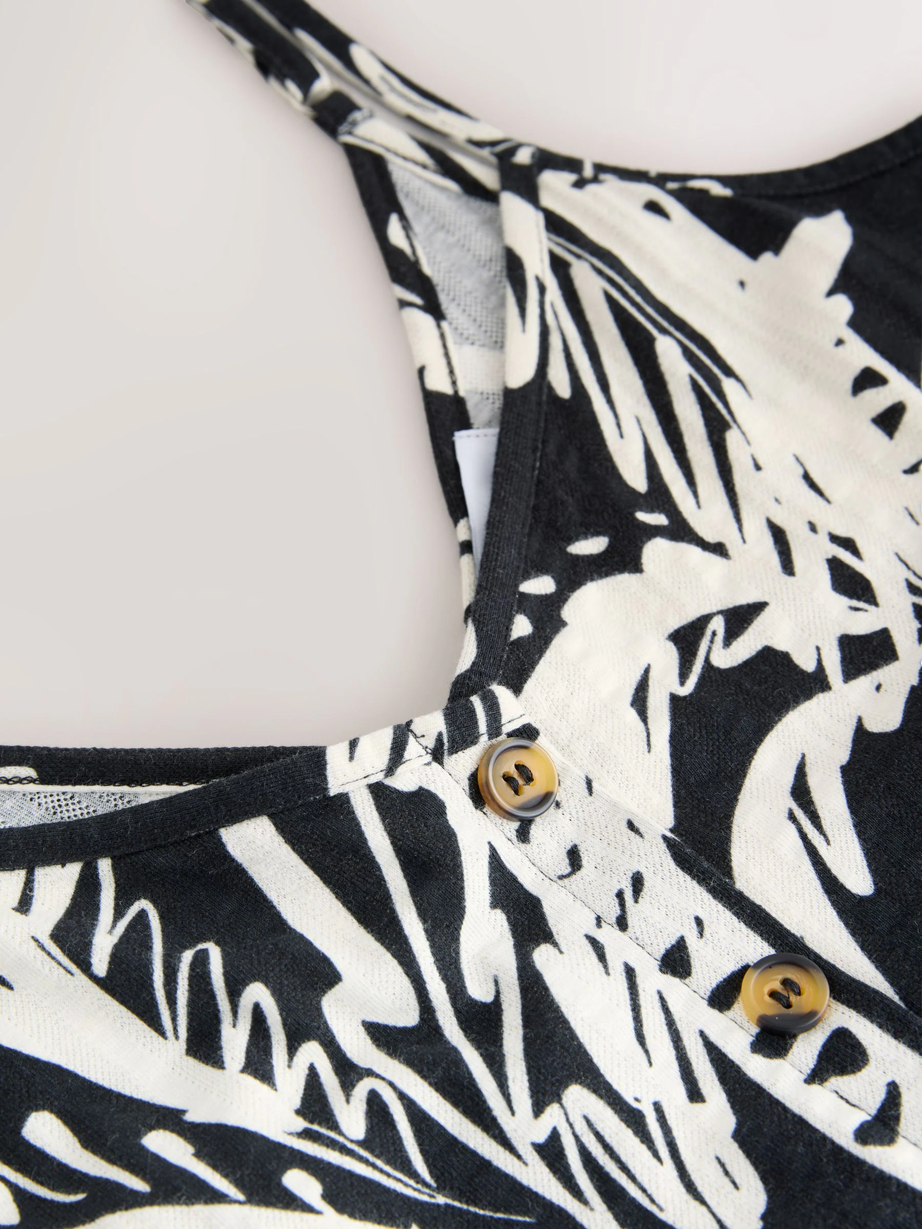 Black/White Palm Print Jersey Button Down Midi Dress