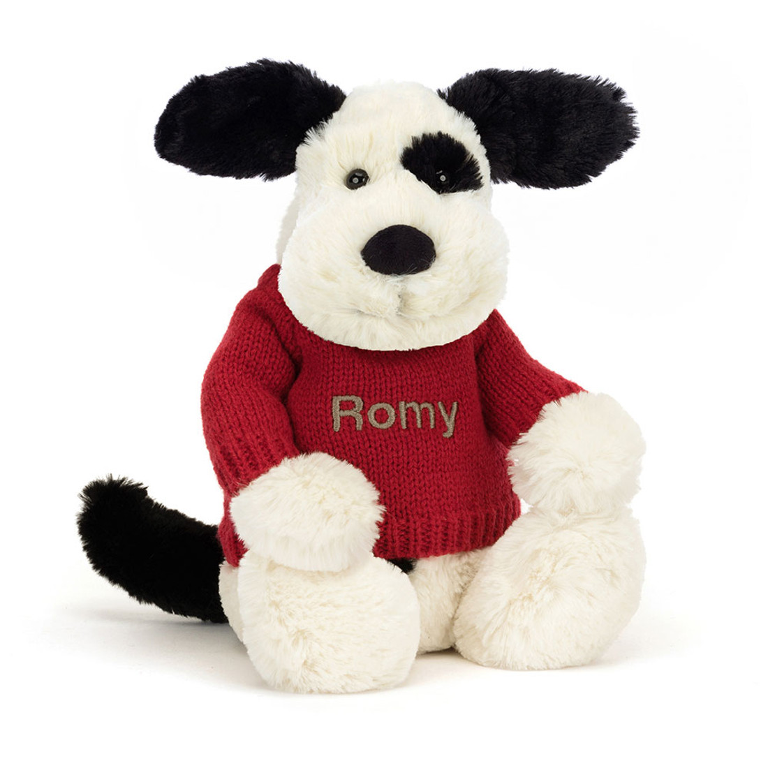 Bashful Black & Cream Puppy with Personalised Red Jumper