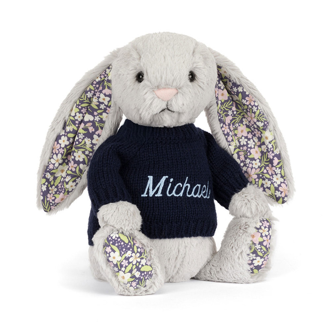 Blossom Silver Bunny 'Bloom' with Personalised Navy Jumper