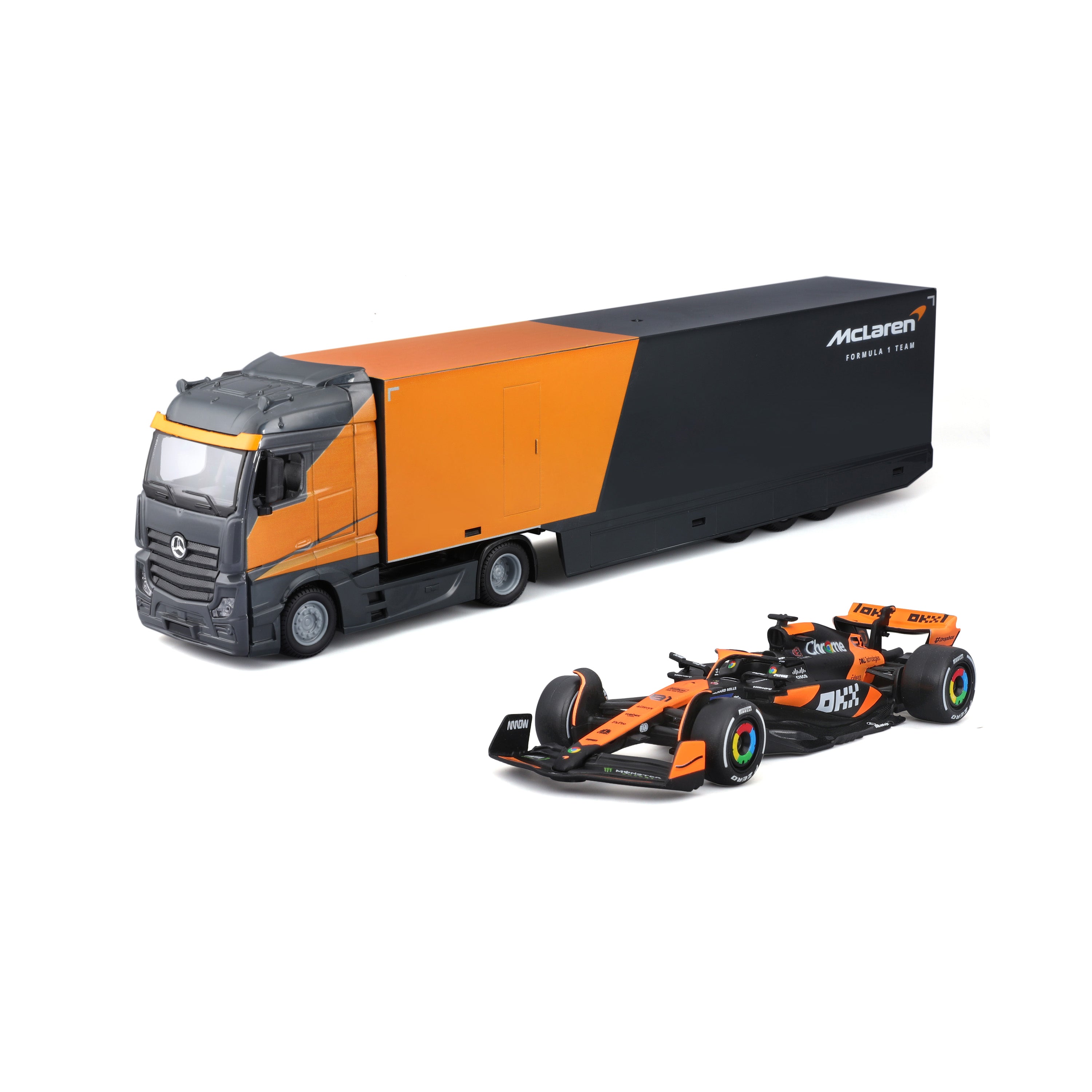 Mercedes Semi Truck with McLaren MCL38 #4 Lando Norris – 1:43 Diecast Model
