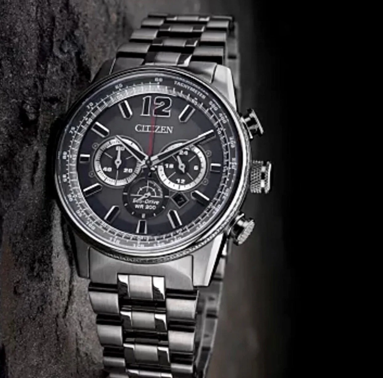 Eco-Drive Men's Chronograph Nighthawk Gray Stainless Steel Bracelet Watch. NWOT