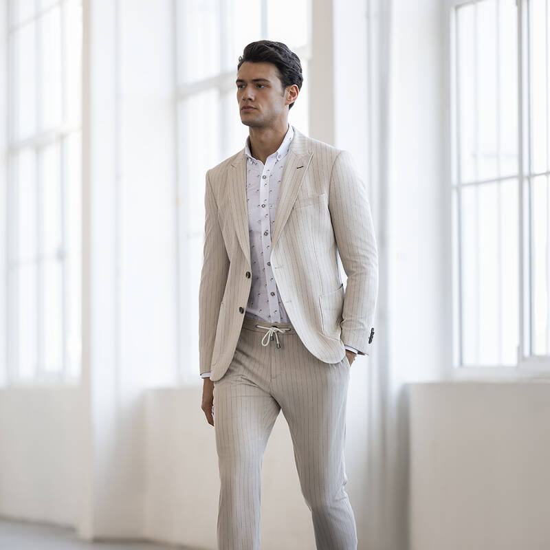 ELY BELİ BAĞCIKLI ÇİZGİLİ BEJ PANTOLON