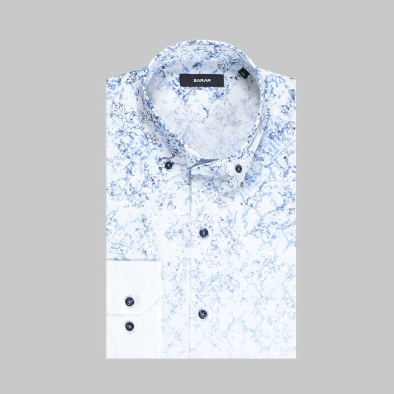 ELETA UZUN KOL DESENLİ SLİM MAVİ GÖMLEK