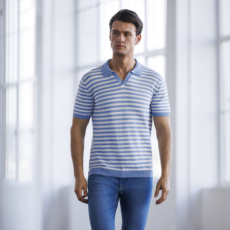 POLO YAKA KISA KOL ÇİZGİLİ BUZ MAVİSİ TRİKO