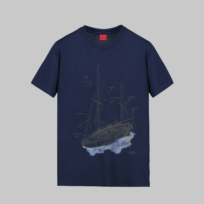 BİSİKLET YAKA DESENLİ LACİVERT TİŞÖRT