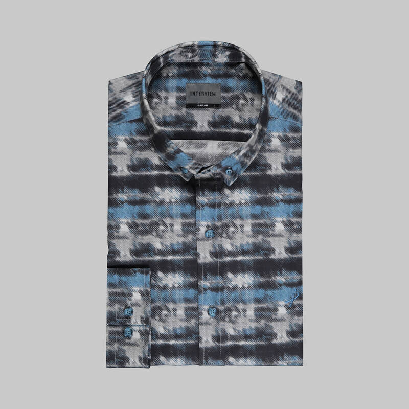 GOIAS UZUN KOL DESENLİ MAVİ FITTED GÖMLEK