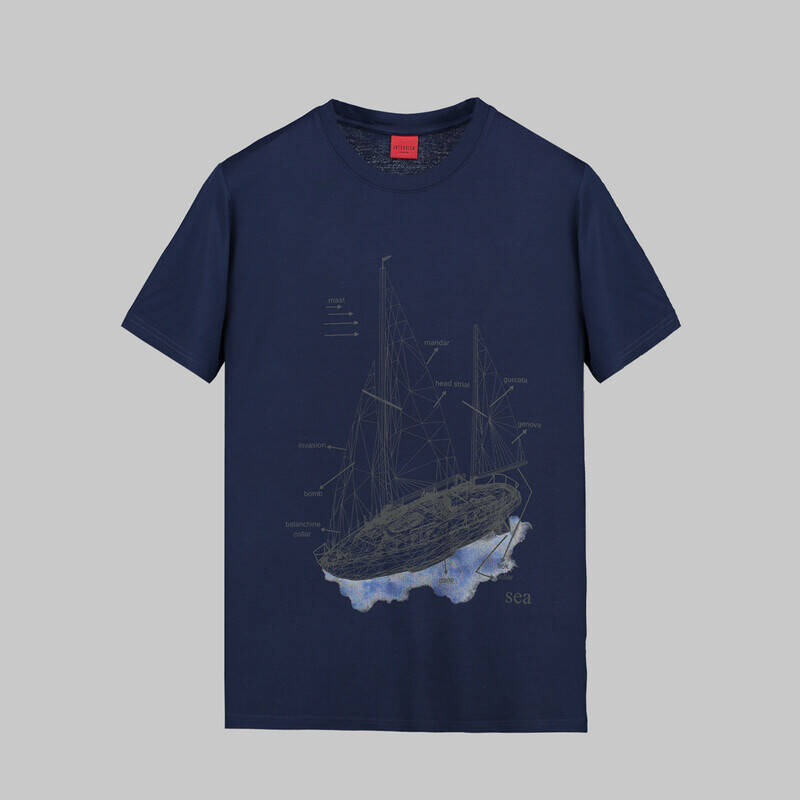 BİSİKLET YAKA DESENLİ LACİVERT TİŞÖRT